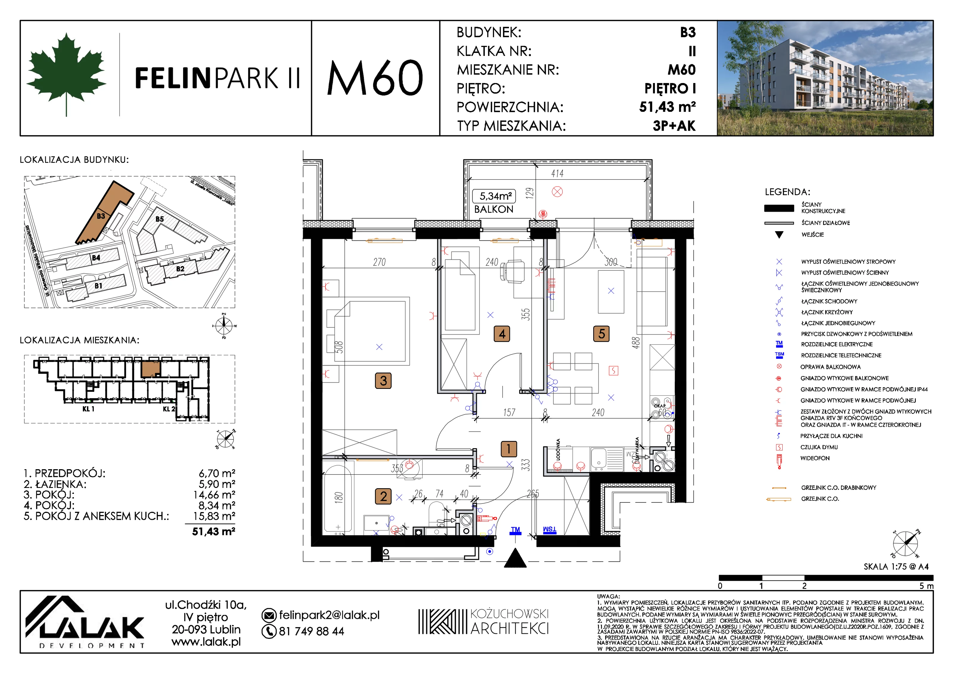 3 pokoje, mieszkanie 51,43 m², piętro 1, oferta nr B3_M60/I, Felin Park II etap 2, Lublin, Felin, ul. gen. Stanisława Skalskiego 8-10