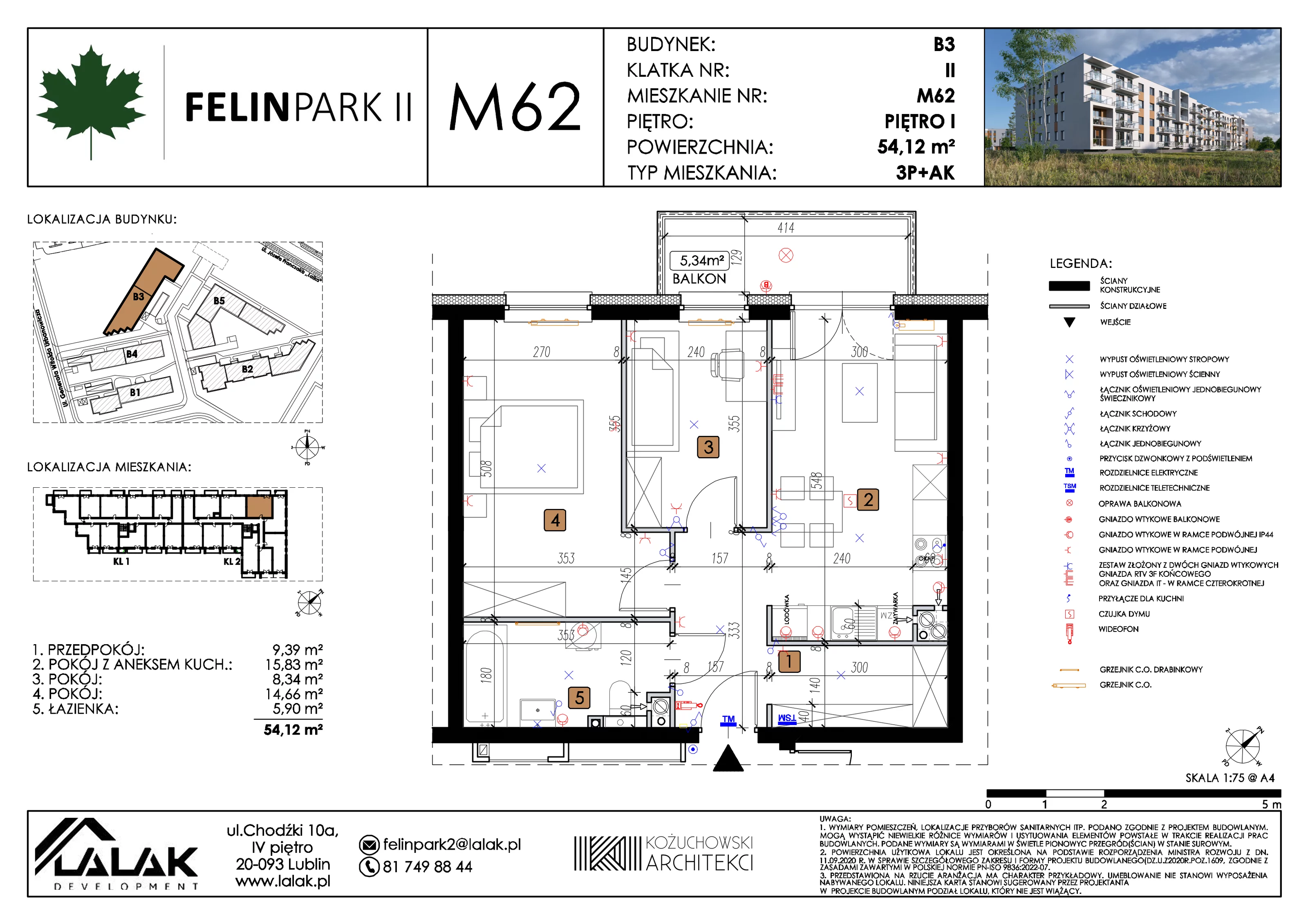 3 pokoje, mieszkanie 54,12 m², piętro 1, oferta nr B3_M62/I, Felin Park II etap 2, Lublin, Felin, ul. gen. Stanisława Skalskiego 8-10