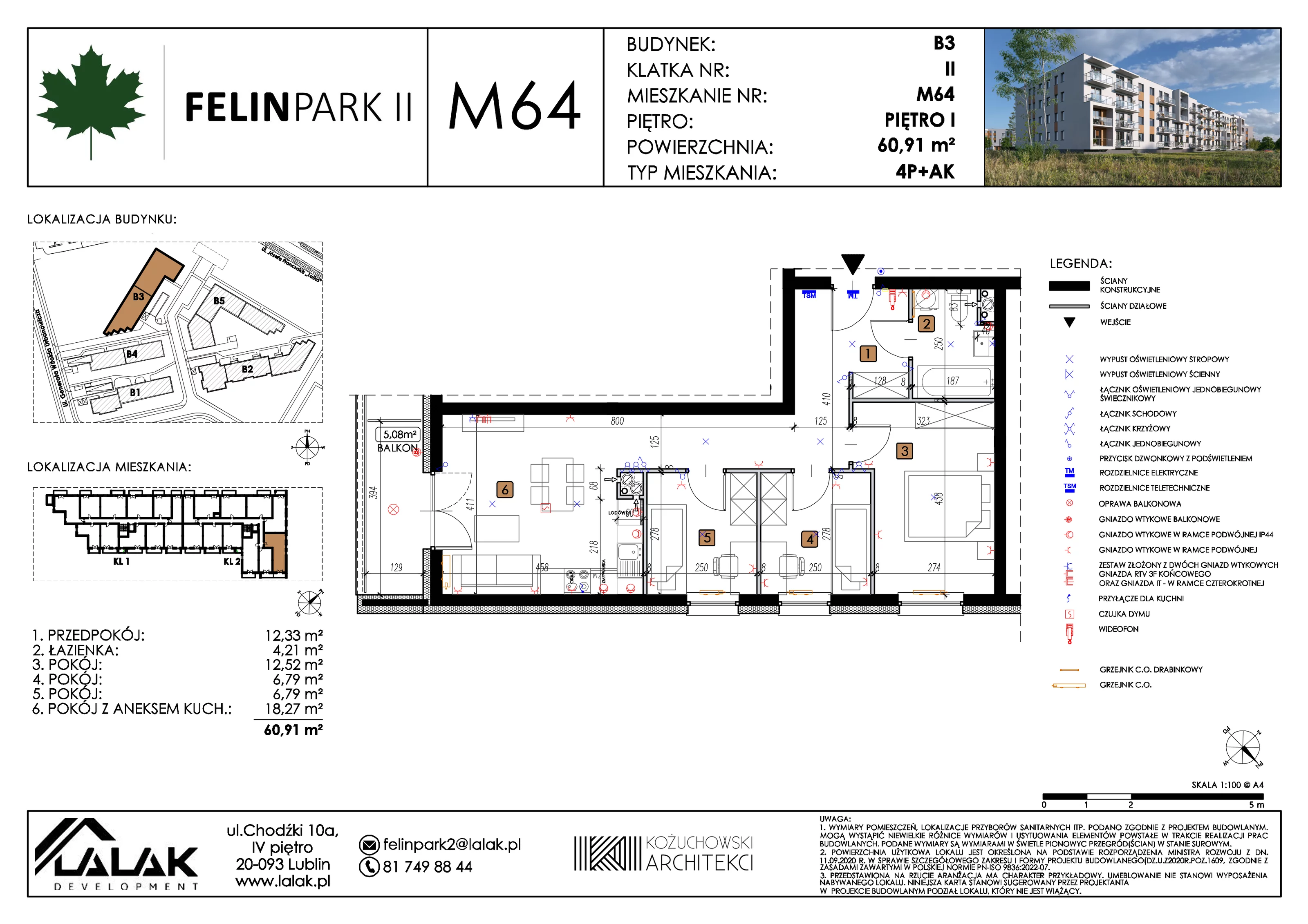 4 pokoje, mieszkanie 60,94 m², piętro 1, oferta nr B3_M64/I, Felin Park II etap 2, Lublin, Felin, ul. gen. Stanisława Skalskiego 8-10