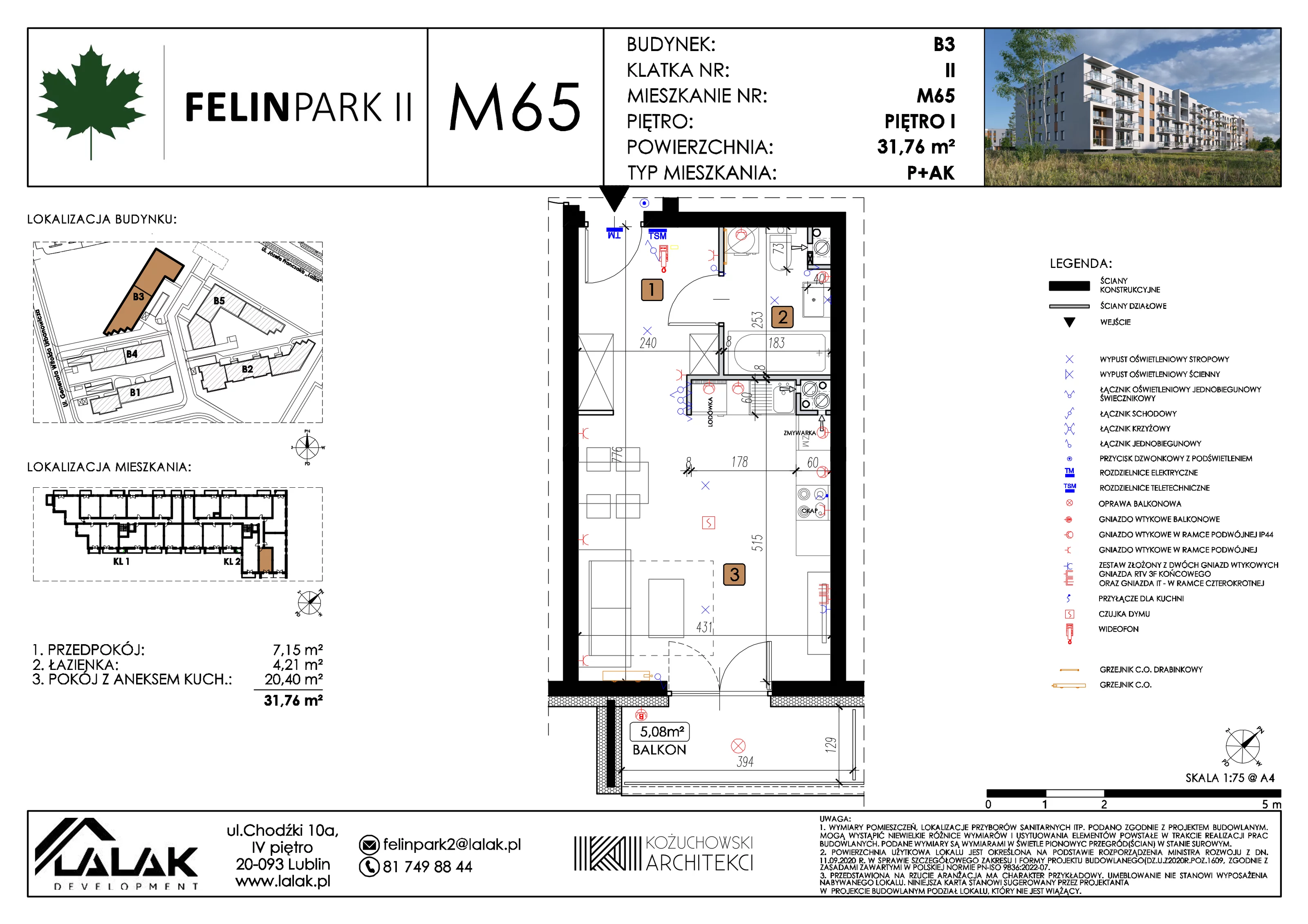 1 pokój, mieszkanie 31,81 m², piętro 1, oferta nr B3_M65/I, Felin Park II etap 2, Lublin, Felin, ul. gen. Stanisława Skalskiego 8-10