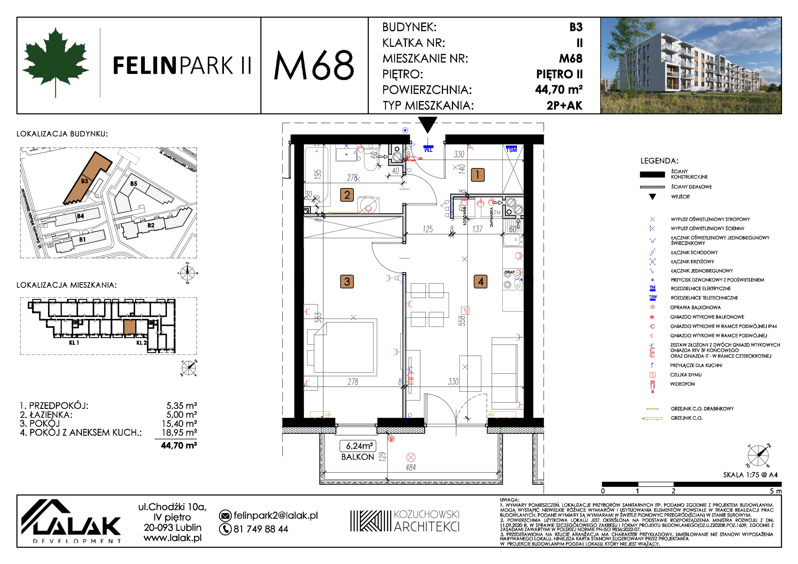 2 pokoje, mieszkanie 44,70 m², piętro 2, oferta nr B3_M68/II, Felin Park II etap 2, Lublin, Felin, ul. gen. Stanisława Skalskiego 8-10