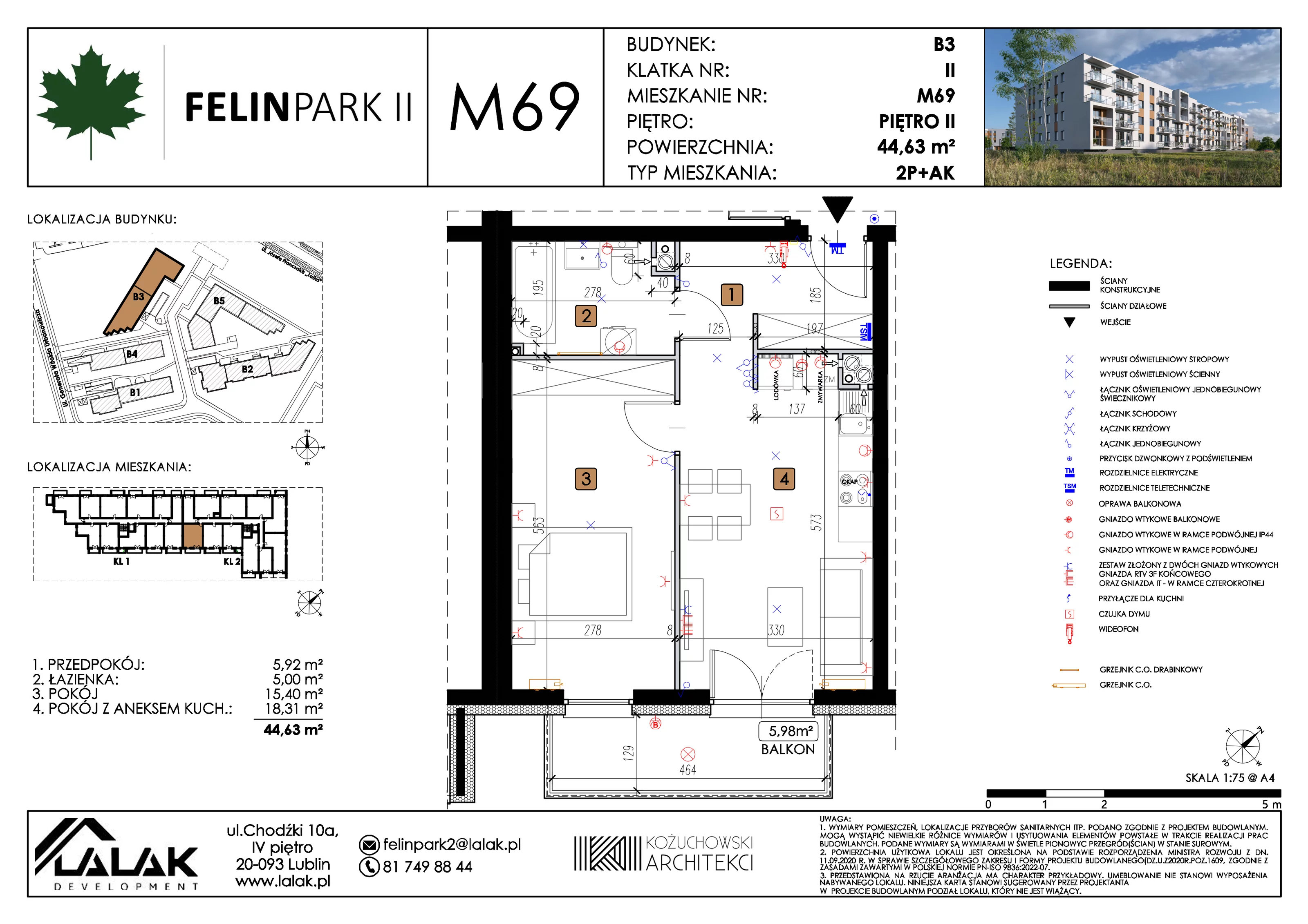 3 pokoje, mieszkanie 44,63 m², piętro 2, oferta nr B3_M69/II, Felin Park II etap 2, Lublin, Felin, ul. gen. Stanisława Skalskiego 8-10