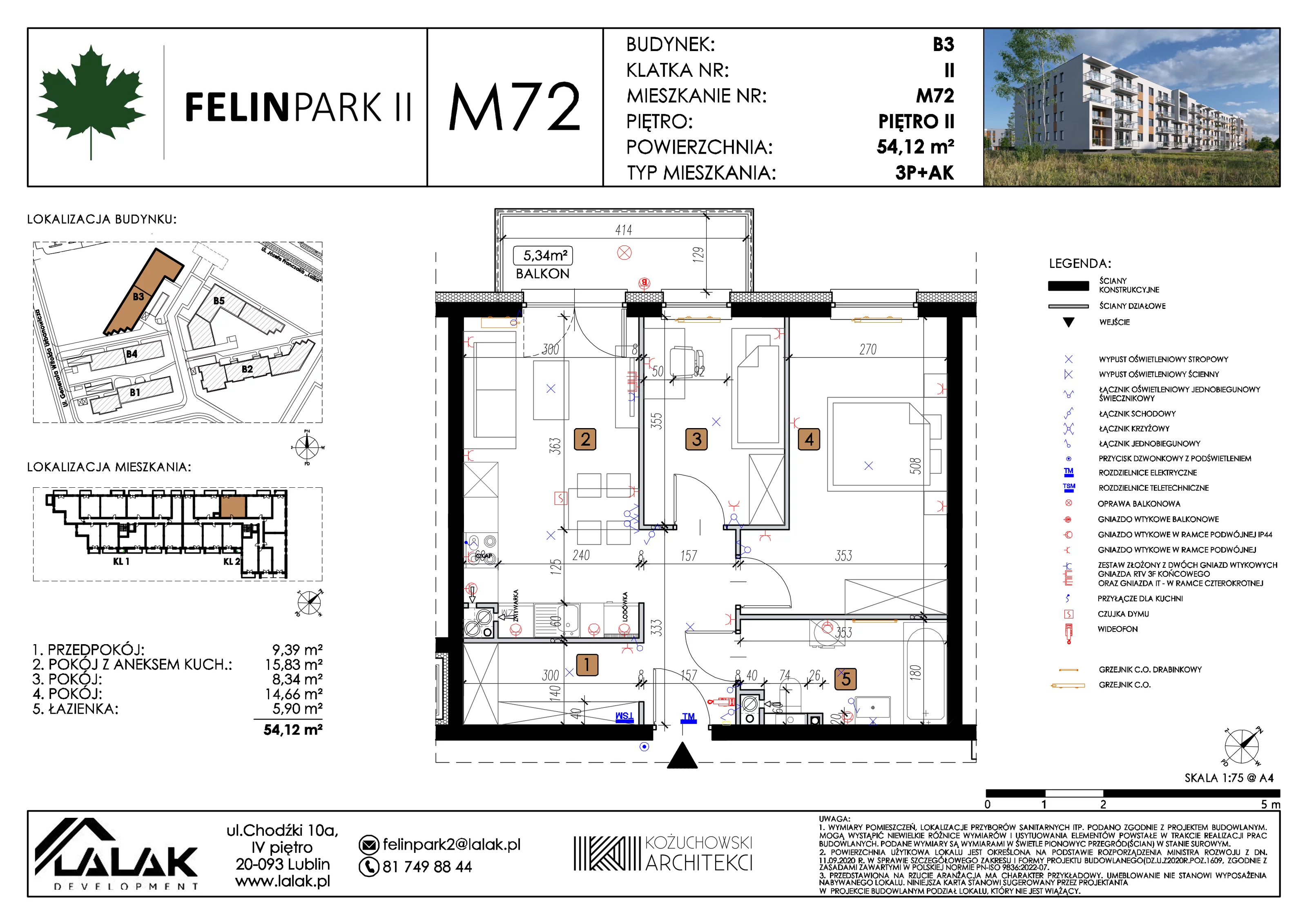 3 pokoje, mieszkanie 54,12 m², piętro 2, oferta nr B3_M72/II, Felin Park II etap 2, Lublin, Felin, ul. gen. Stanisława Skalskiego 8-10