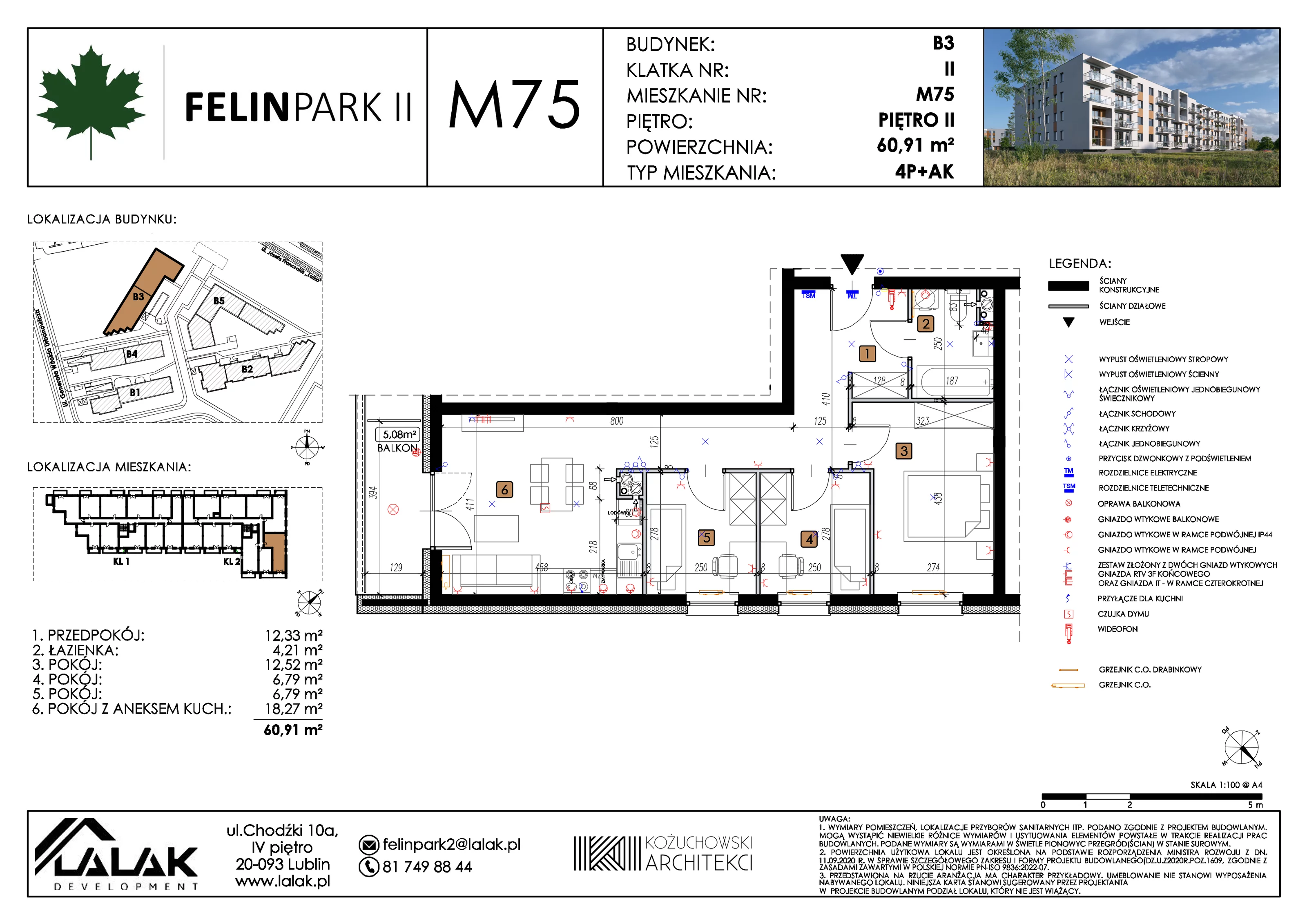4 pokoje, mieszkanie 60,94 m², piętro 2, oferta nr B3_M75/II, Felin Park II etap 2, Lublin, Felin, ul. gen. Stanisława Skalskiego 8-10