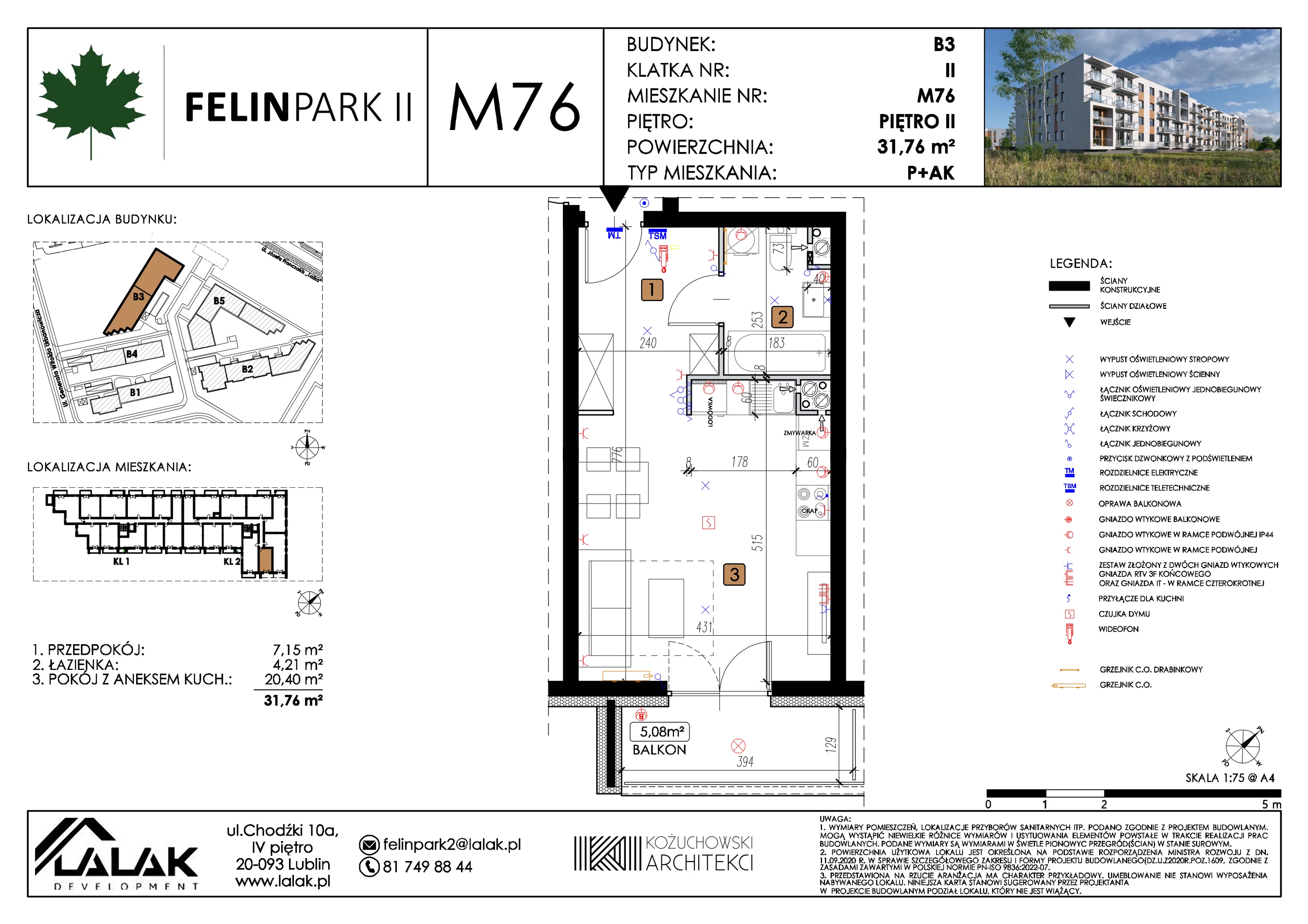 1 pokój, mieszkanie 31,81 m², piętro 2, oferta nr B3_M76/II, Felin Park II etap 2, Lublin, Felin, ul. gen. Stanisława Skalskiego 8-10