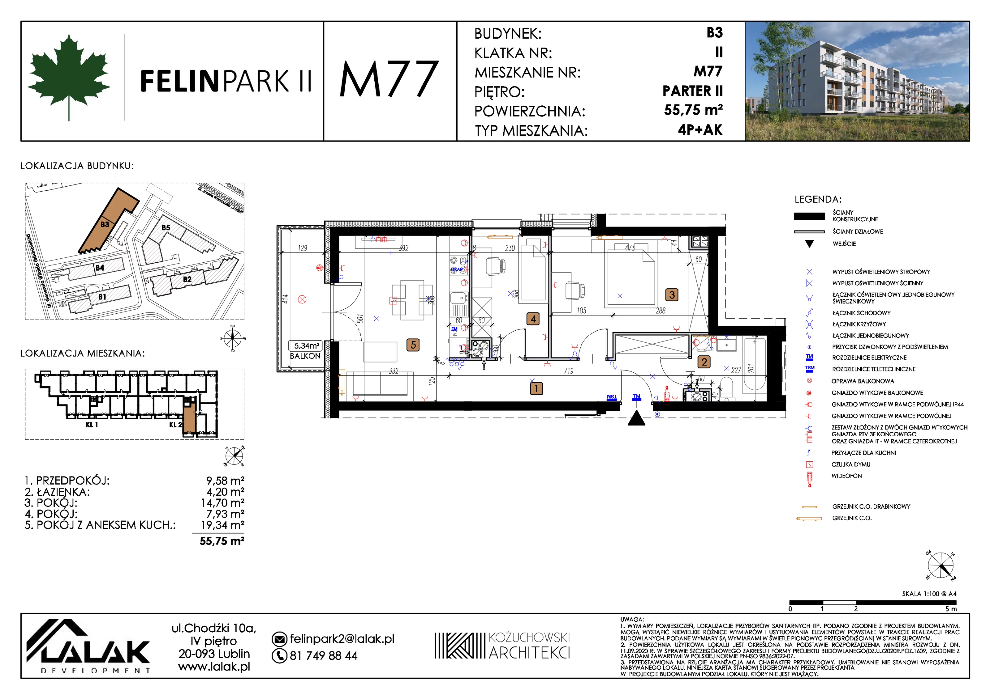 4 pokoje, mieszkanie 55,82 m², piętro 2, oferta nr B3_M77/II, Felin Park II etap 2, Lublin, Felin, ul. gen. Stanisława Skalskiego 8-10