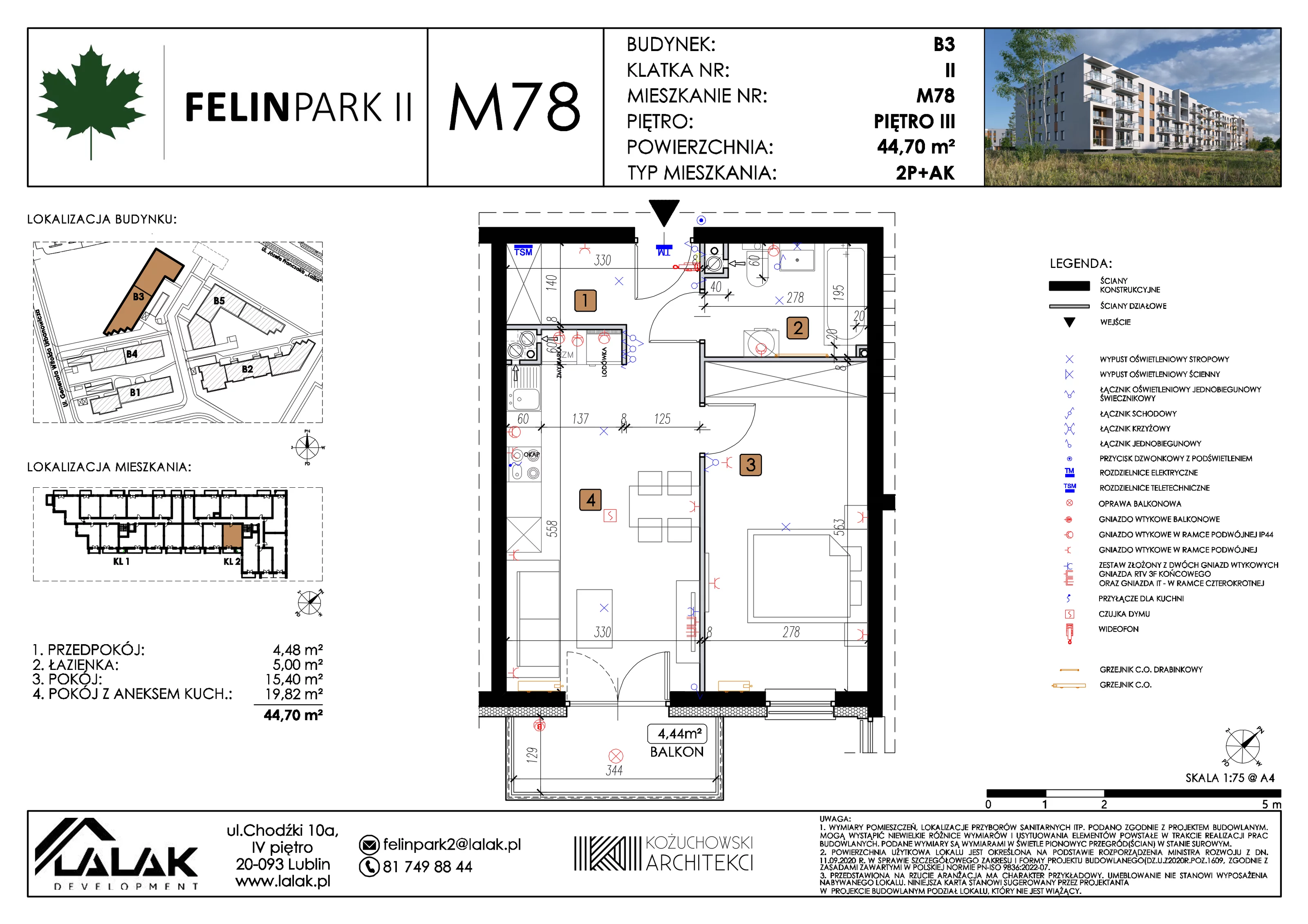 2 pokoje, mieszkanie 44,70 m², piętro 3, oferta nr B3_M78/III, Felin Park II etap 2, Lublin, Felin, ul. gen. Stanisława Skalskiego 8-10