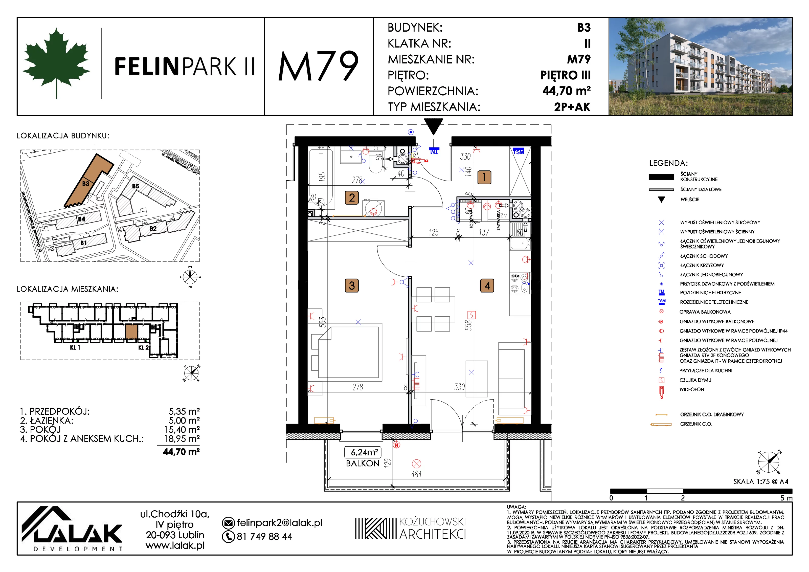 2 pokoje, mieszkanie 44,70 m², piętro 3, oferta nr B3_M79/III, Felin Park II etap 2, Lublin, Felin, ul. gen. Stanisława Skalskiego 8-10