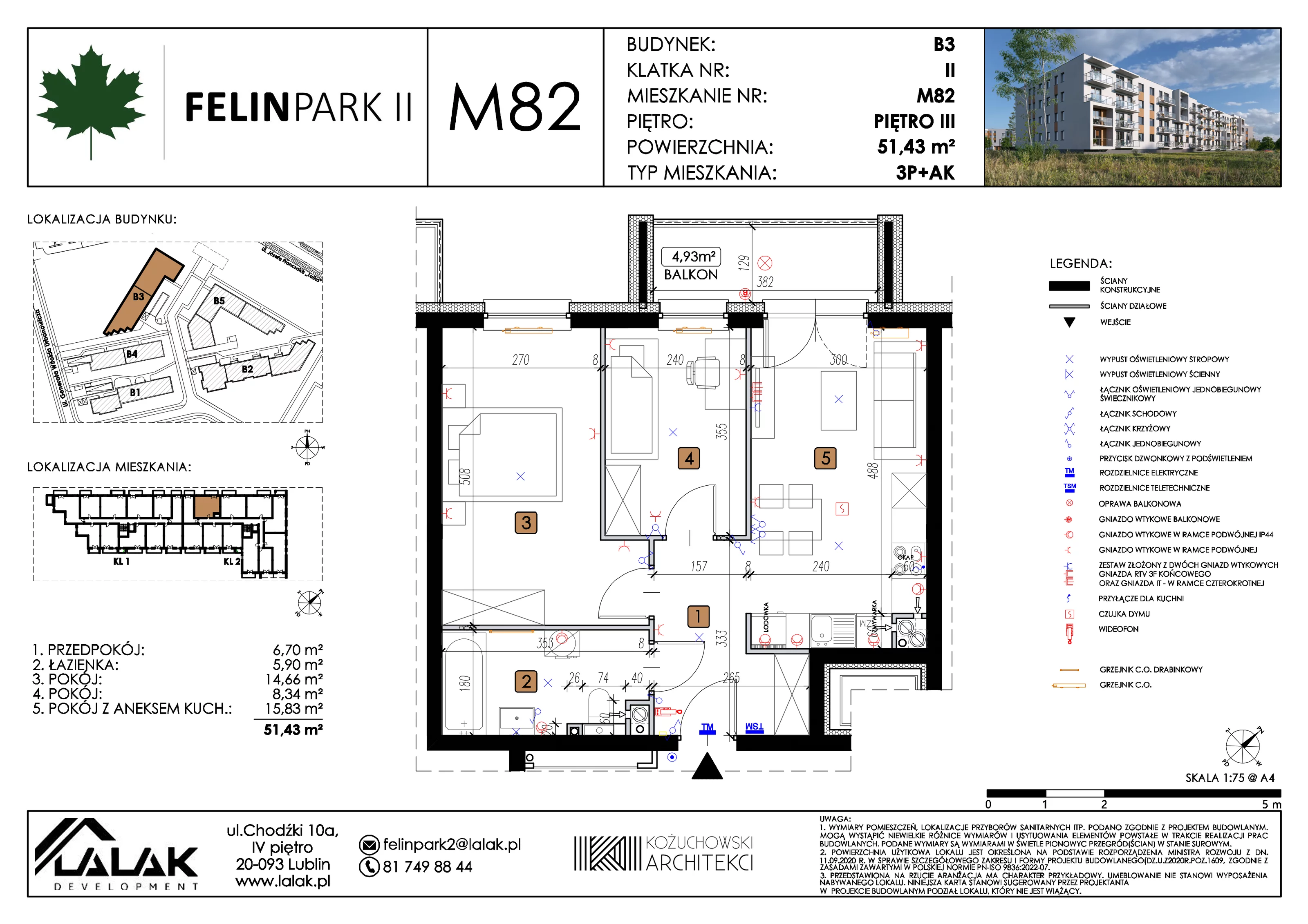 3 pokoje, mieszkanie 51,43 m², piętro 3, oferta nr B3_M82/III, Felin Park II etap 2, Lublin, Felin, ul. gen. Stanisława Skalskiego 8-10