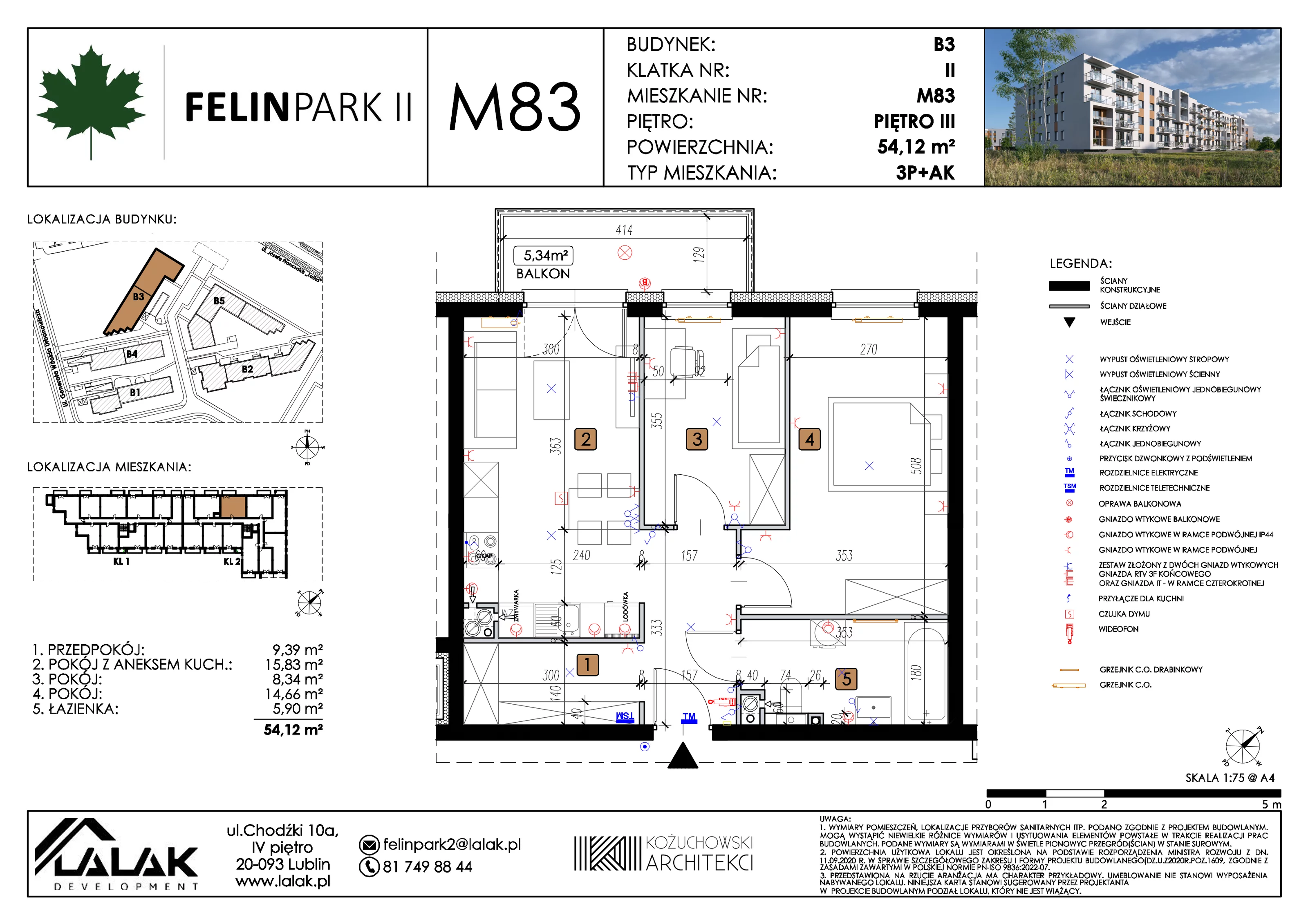 3 pokoje, mieszkanie 54,12 m², piętro 3, oferta nr B3_M83/III, Felin Park II etap 2, Lublin, Felin, ul. gen. Stanisława Skalskiego 8-10