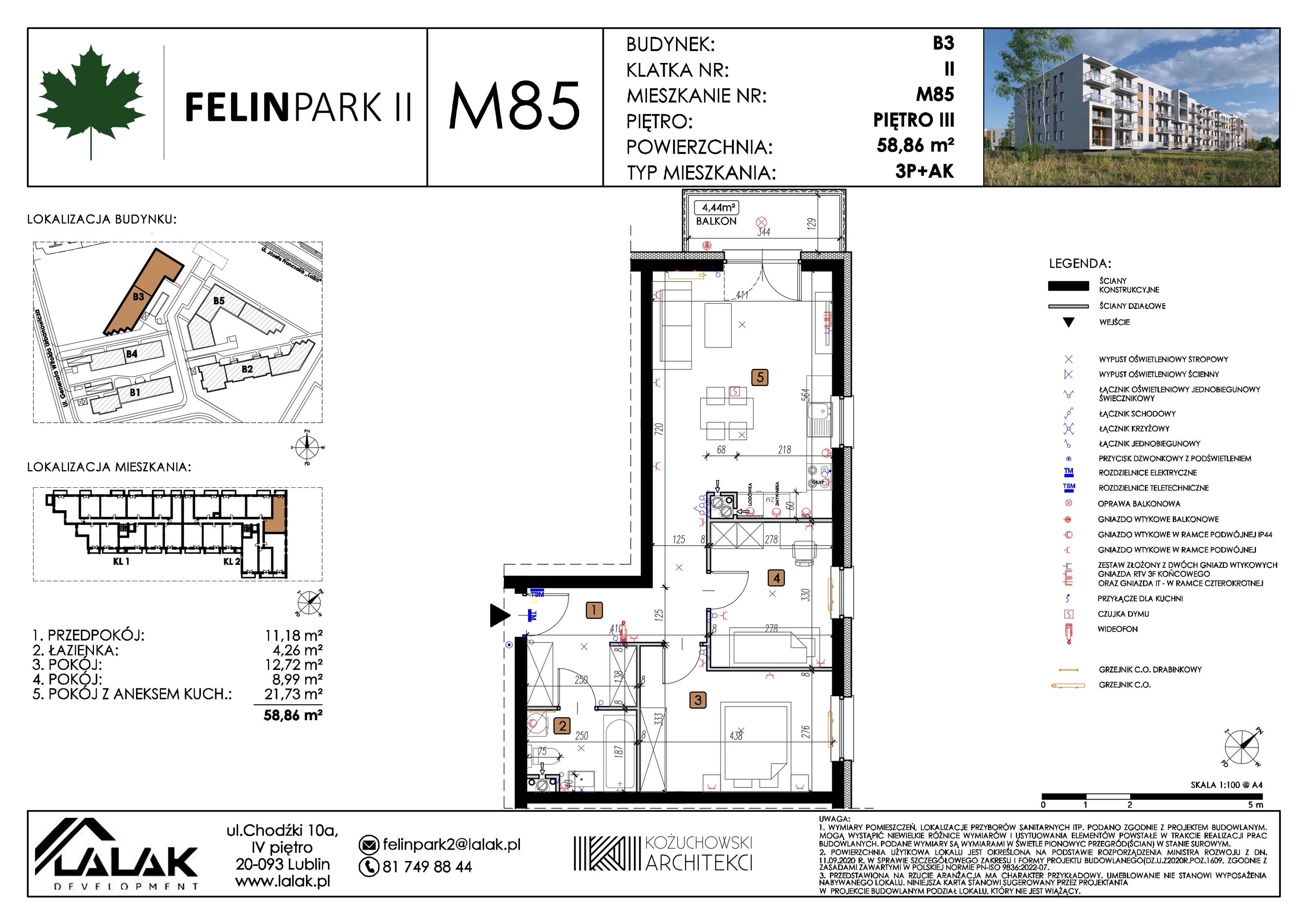 3 pokoje, mieszkanie 58,86 m², piętro 3, oferta nr B3_M85/III, Felin Park II etap 2, Lublin, Felin, ul. gen. Stanisława Skalskiego 8-10