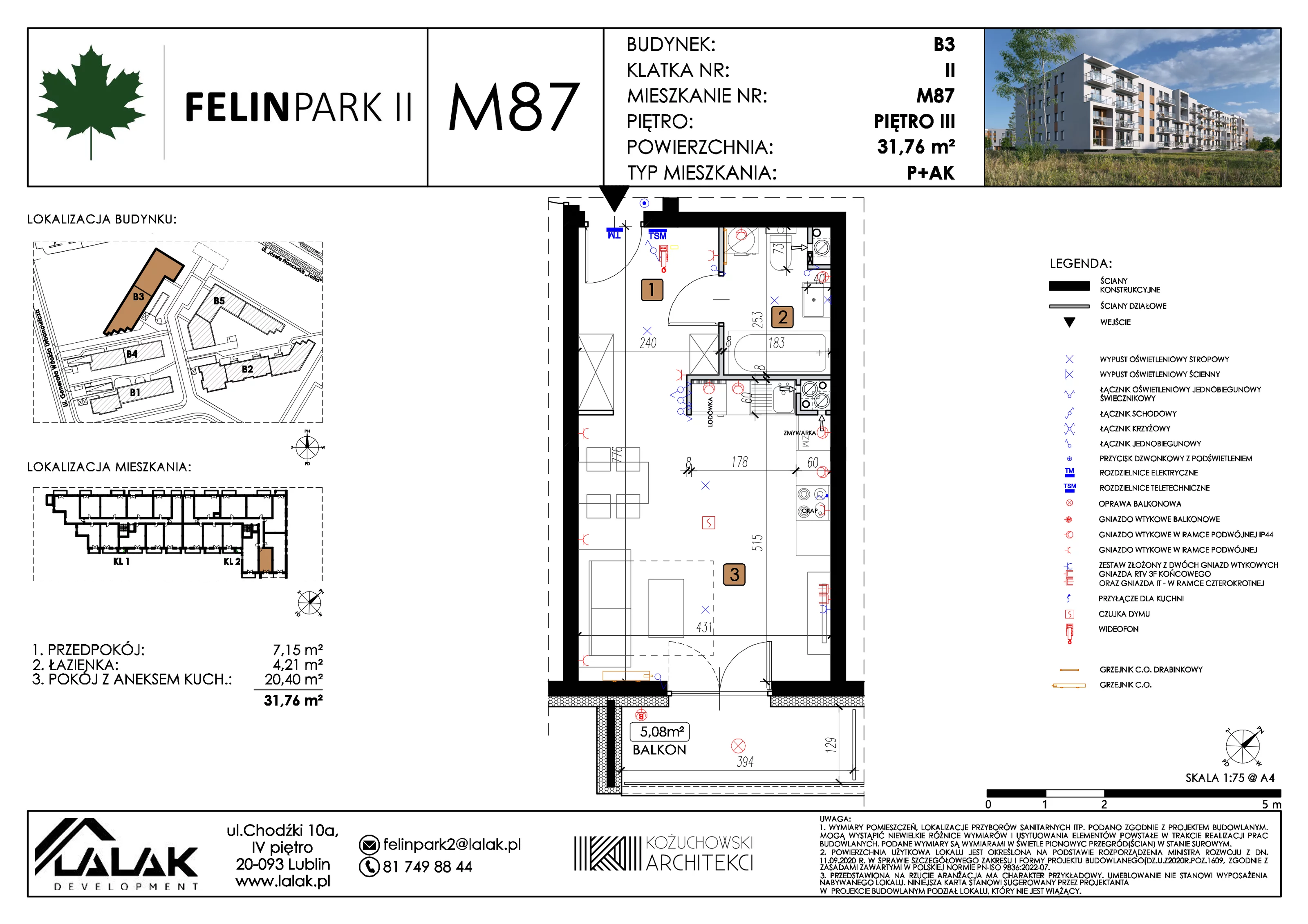 1 pokój, mieszkanie 31,81 m², piętro 3, oferta nr B3_M87/III, Felin Park II etap 2, Lublin, Felin, ul. gen. Stanisława Skalskiego 8-10