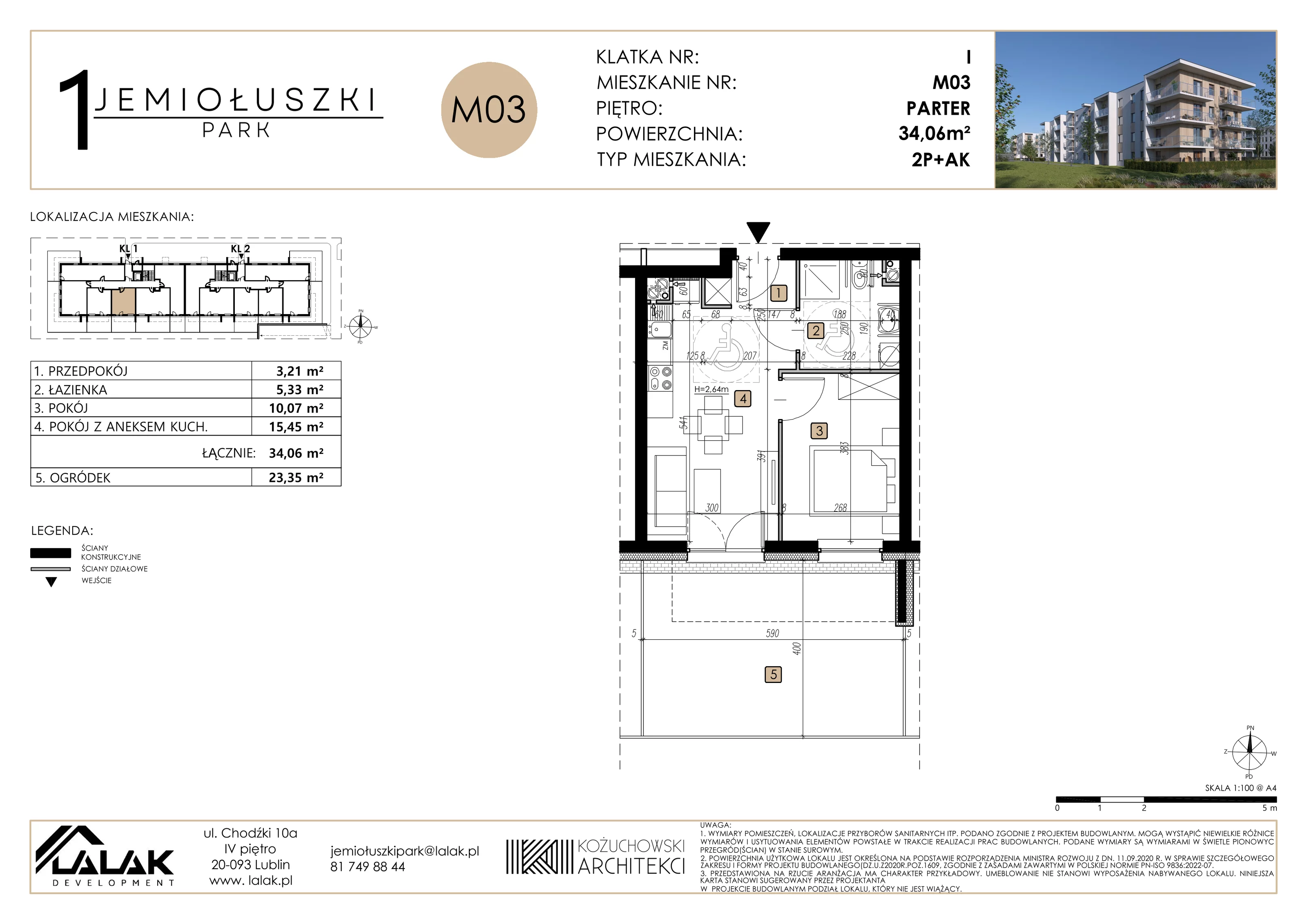 2 pokoje, mieszkanie 34,06 m², parter, oferta nr A1_M03, Jemiołuszki Park, Lublin, Węglin Południowy, ul. Jemiołuszki