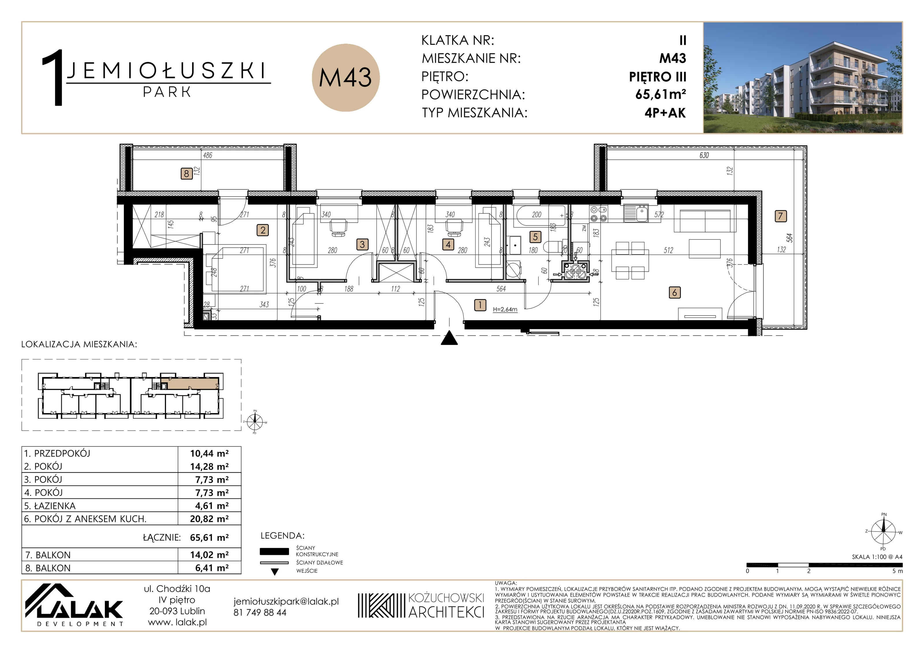 4 pokoje, mieszkanie 65,61 m², piętro 3, oferta nr A1_M43, Jemiołuszki Park, Lublin, Węglin Południowy, ul. Jemiołuszki