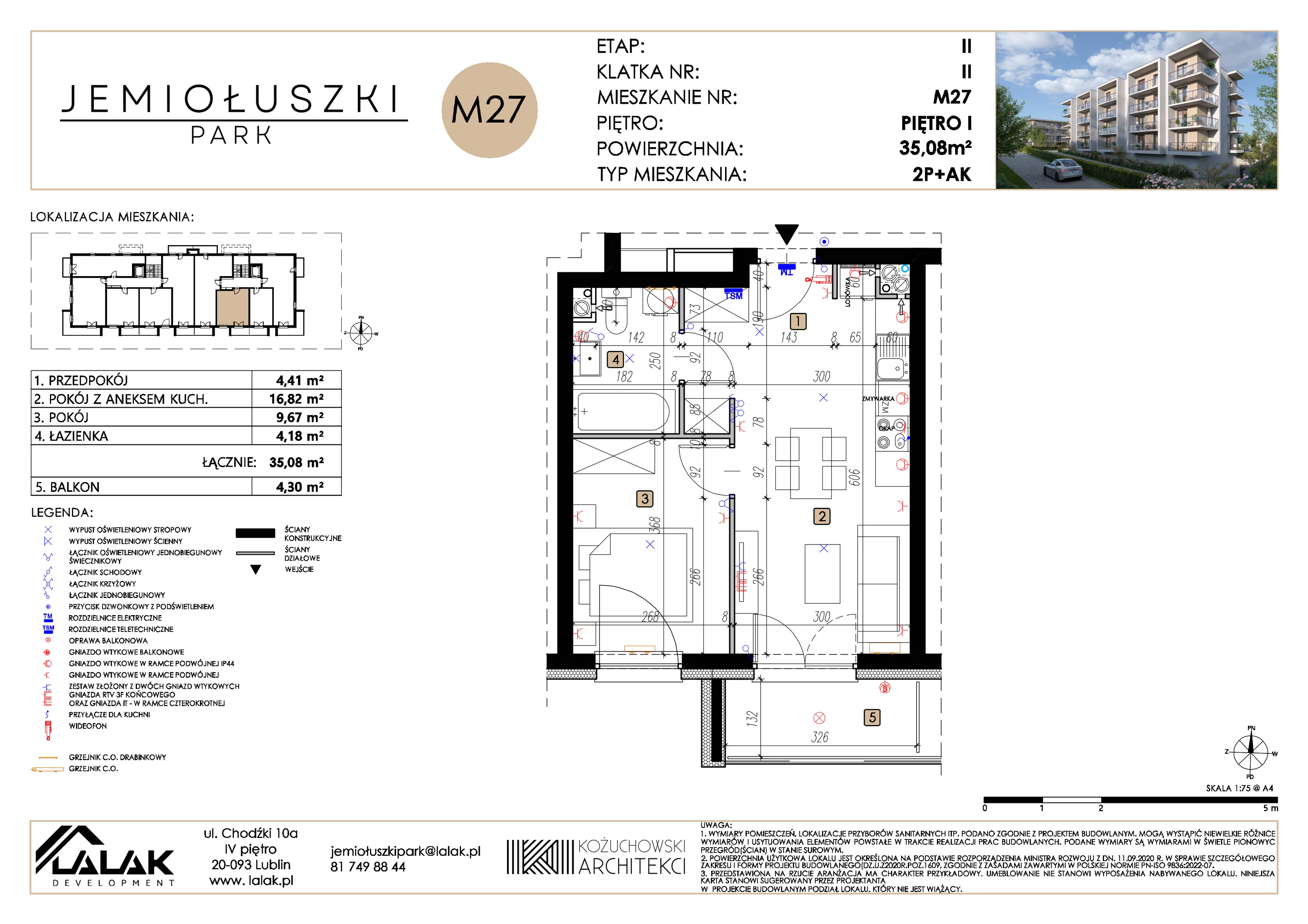 2 pokoje, mieszkanie 35,08 m², piętro 1, oferta nr A2_M27, Jemiołuszki Park II, Lublin, Węglin Południowy, ul. Jemiołuszki