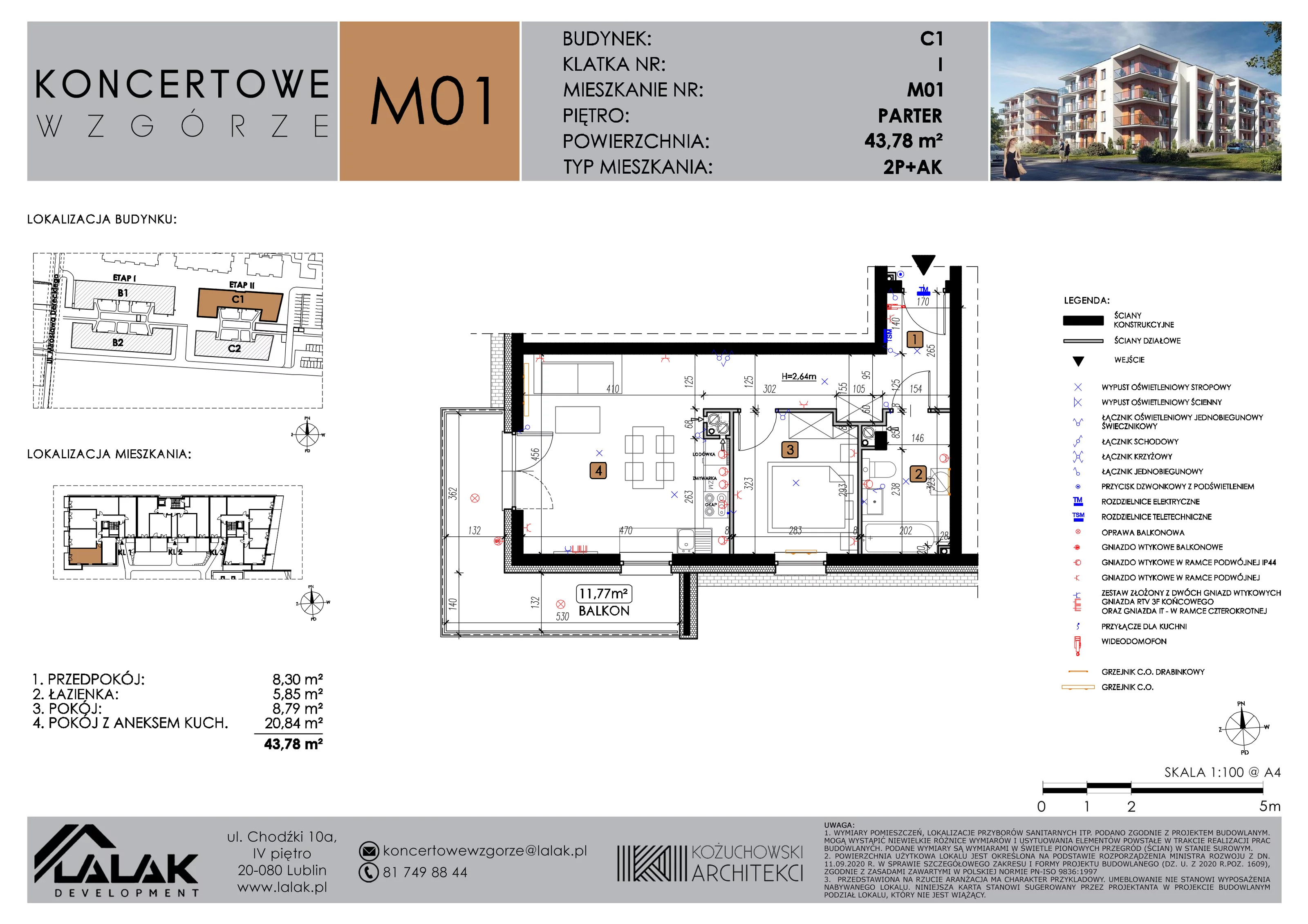 2 pokoje, mieszkanie 43,78 m², parter, oferta nr C1_M1/P, Koncertowe Wzgórze etap 2, Lublin, Czechów Północny, ul. Koncertowa
