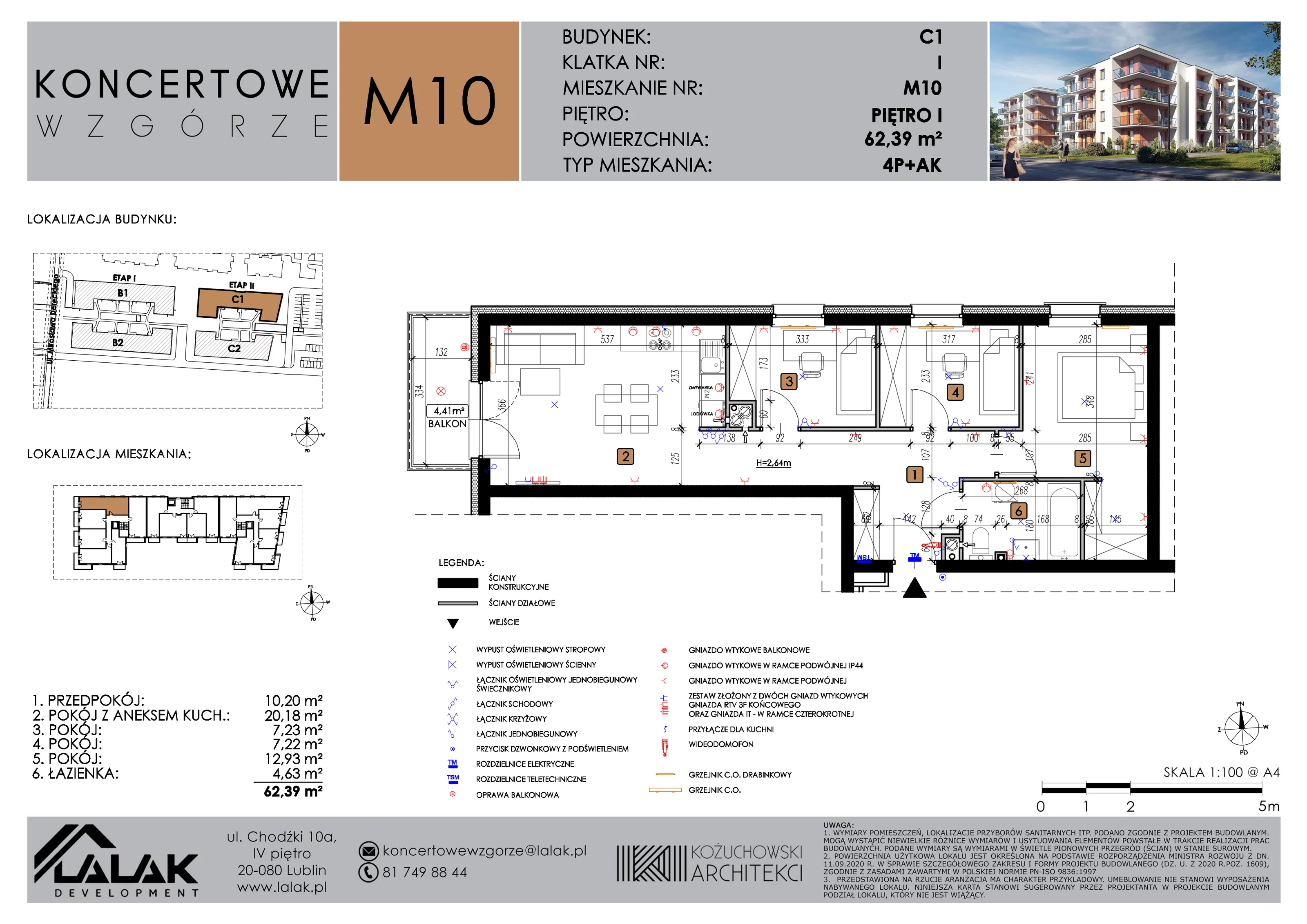 4 pokoje, mieszkanie 62,39 m², piętro 1, oferta nr C1_M10/I, Koncertowe Wzgórze etap 2, Lublin, Czechów Północny, ul. Koncertowa