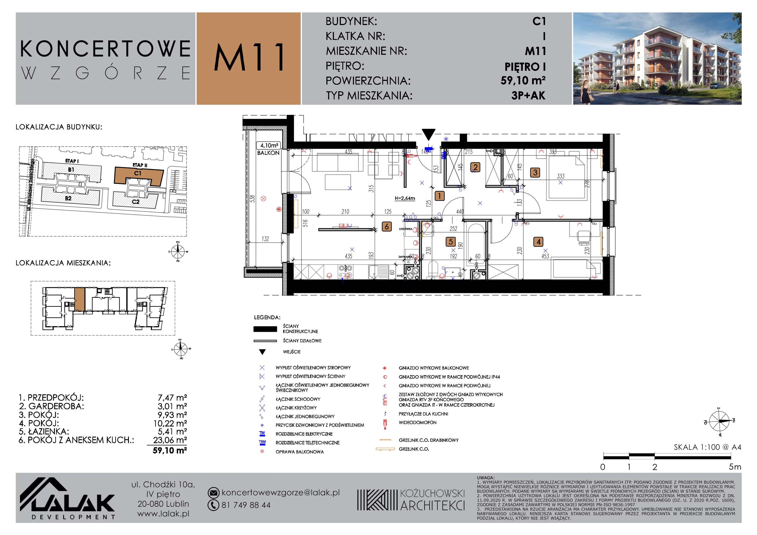 3 pokoje, mieszkanie 59,10 m², piętro 1, oferta nr C1_M11/I, Koncertowe Wzgórze etap 2, Lublin, Czechów Północny, ul. Koncertowa