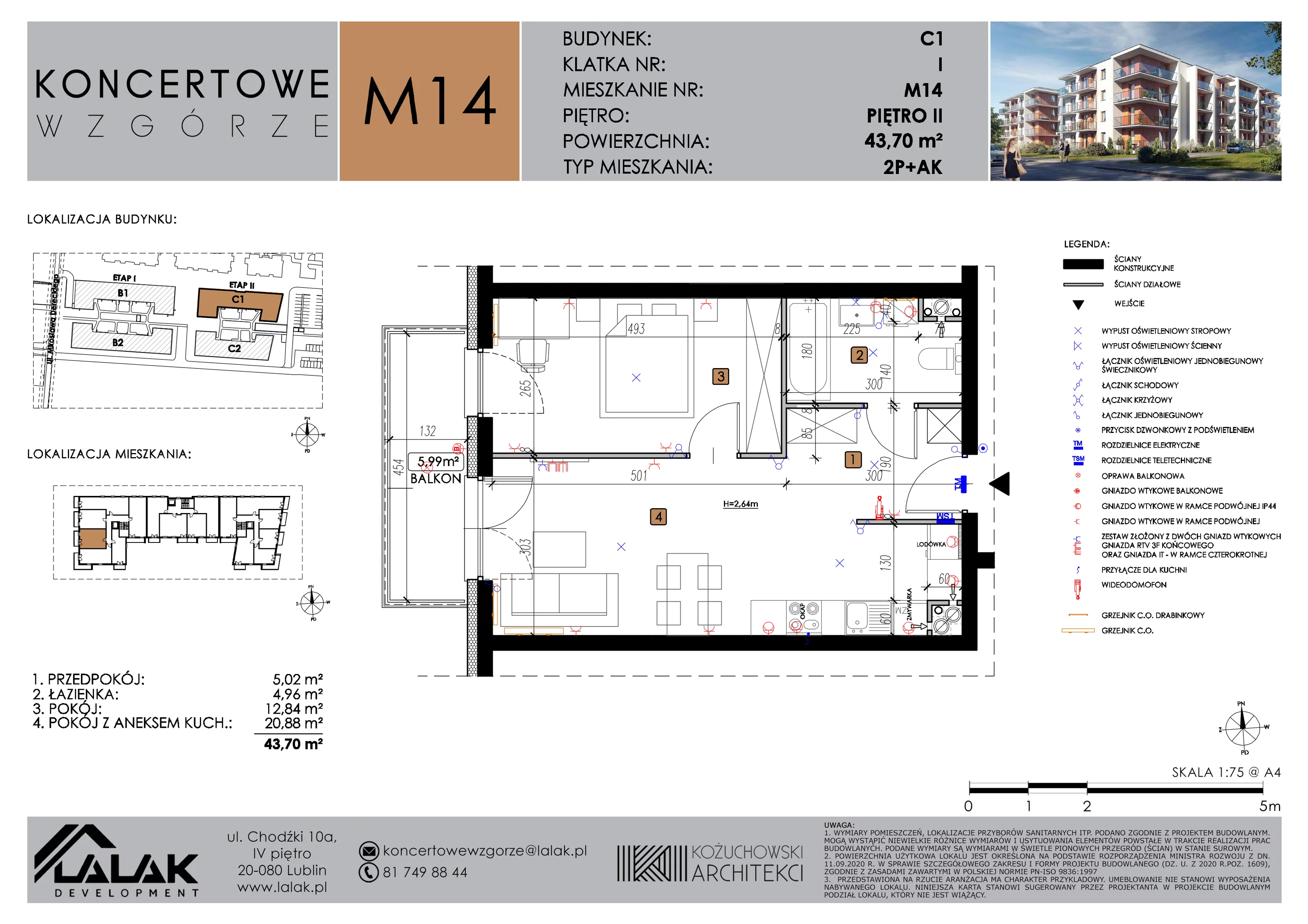 2 pokoje, mieszkanie 43,70 m², piętro 2, oferta nr C1_M14/II, Koncertowe Wzgórze etap 2, Lublin, Czechów Północny, ul. Koncertowa