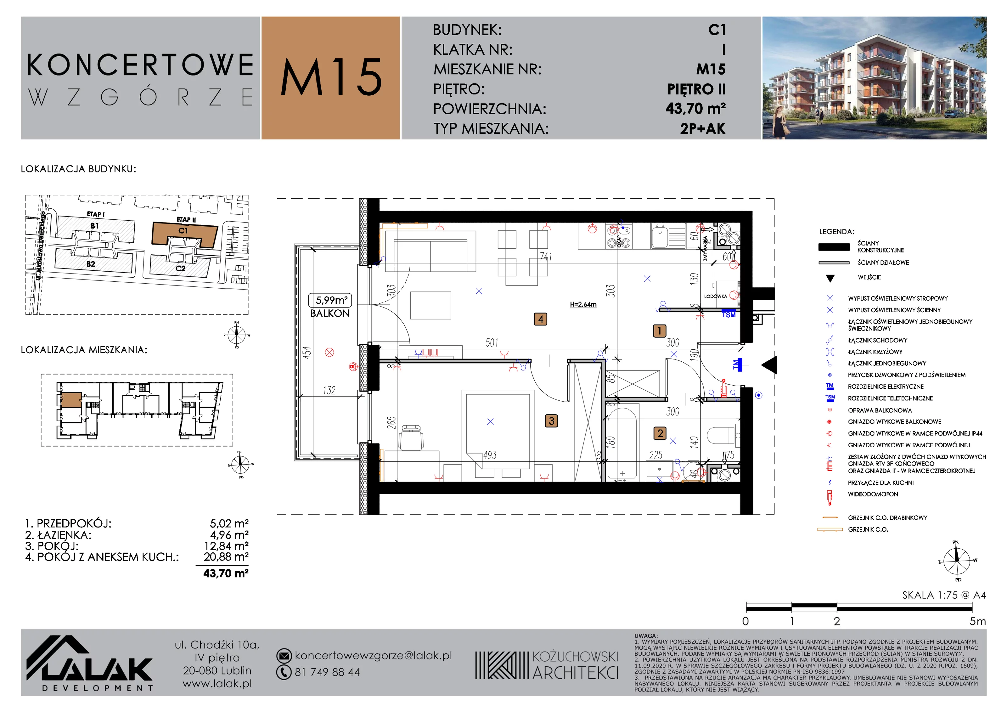 2 pokoje, mieszkanie 43,70 m², piętro 2, oferta nr C1_M15/II, Koncertowe Wzgórze etap 2, Lublin, Czechów Północny, ul. Koncertowa