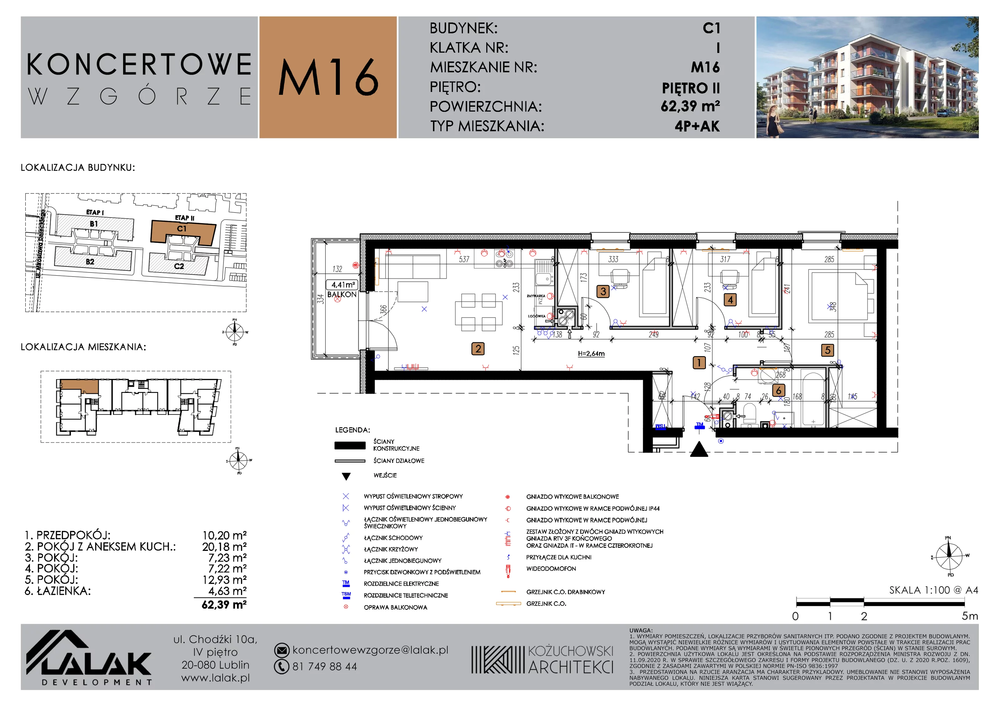4 pokoje, mieszkanie 62,39 m², piętro 2, oferta nr C1_M16/II, Koncertowe Wzgórze etap 2, Lublin, Czechów Północny, ul. Koncertowa