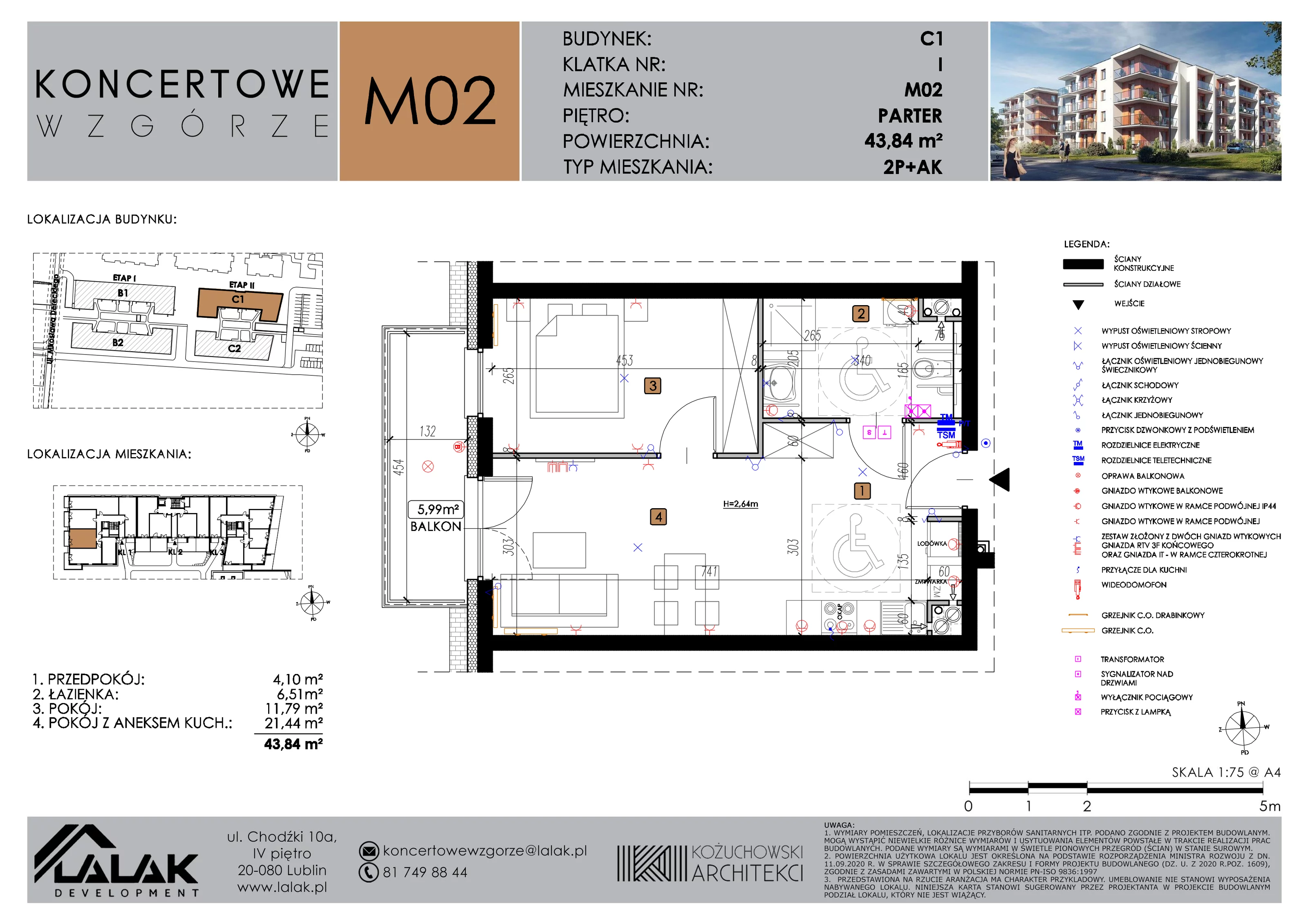 2 pokoje, mieszkanie 43,84 m², parter, oferta nr C1_M2/P, Koncertowe Wzgórze etap 2, Lublin, Czechów Północny, ul. Koncertowa