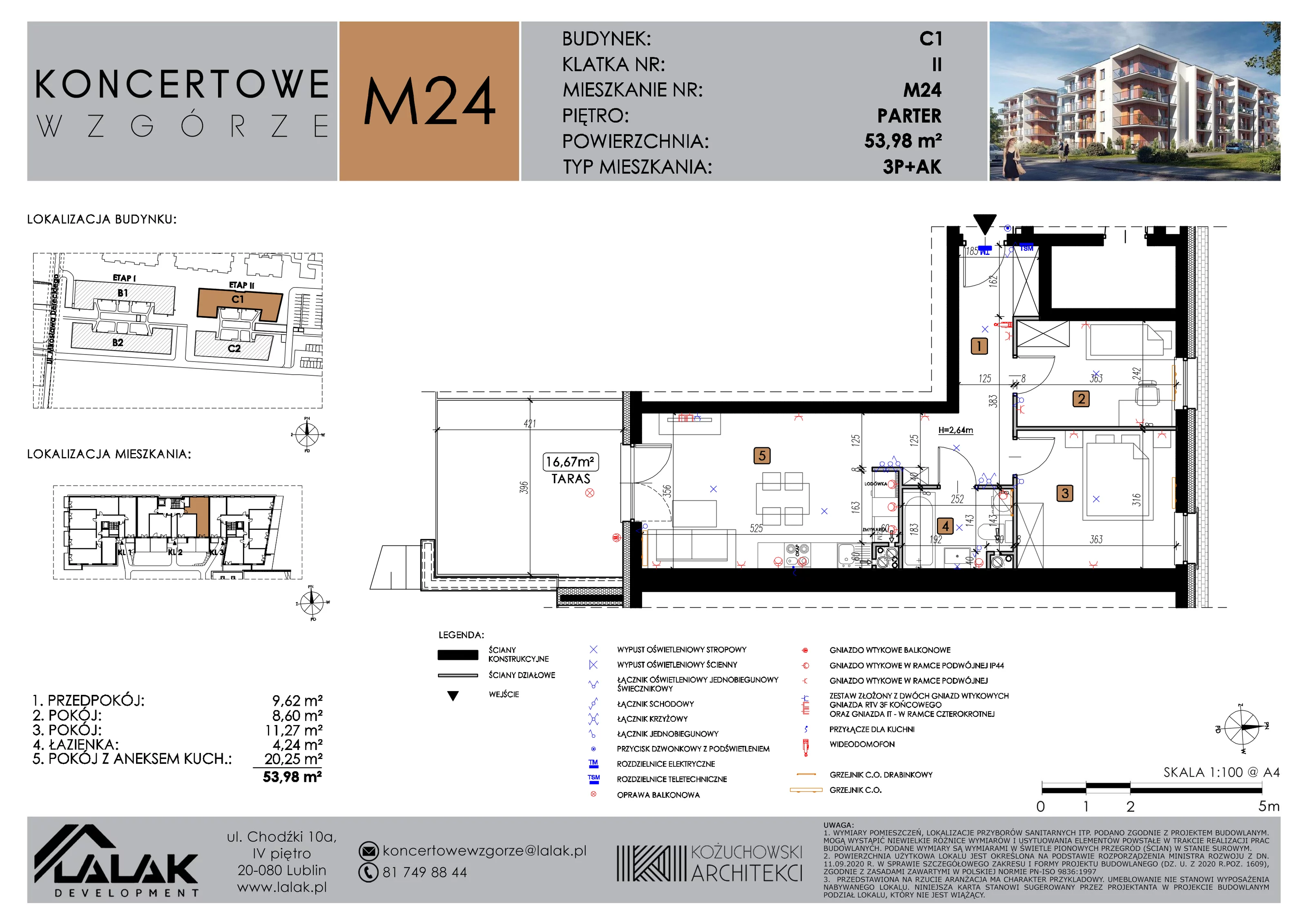 3 pokoje, mieszkanie 53,98 m², parter, oferta nr C1_M24/P, Koncertowe Wzgórze etap 2, Lublin, Czechów Północny, ul. Koncertowa