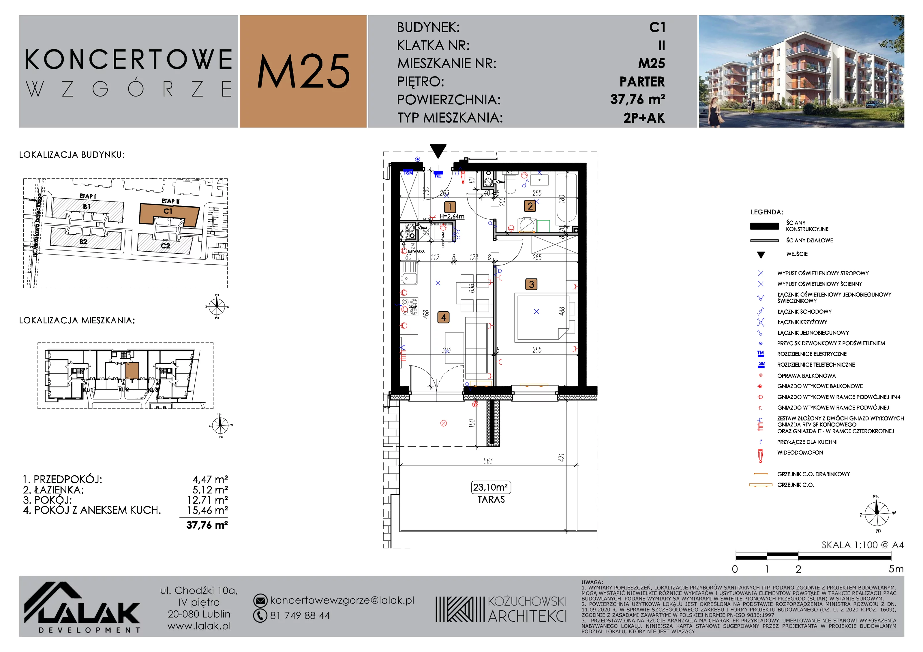 2 pokoje, mieszkanie 37,76 m², parter, oferta nr C1_M25/P, Koncertowe Wzgórze etap 2, Lublin, Czechów Północny, ul. Koncertowa