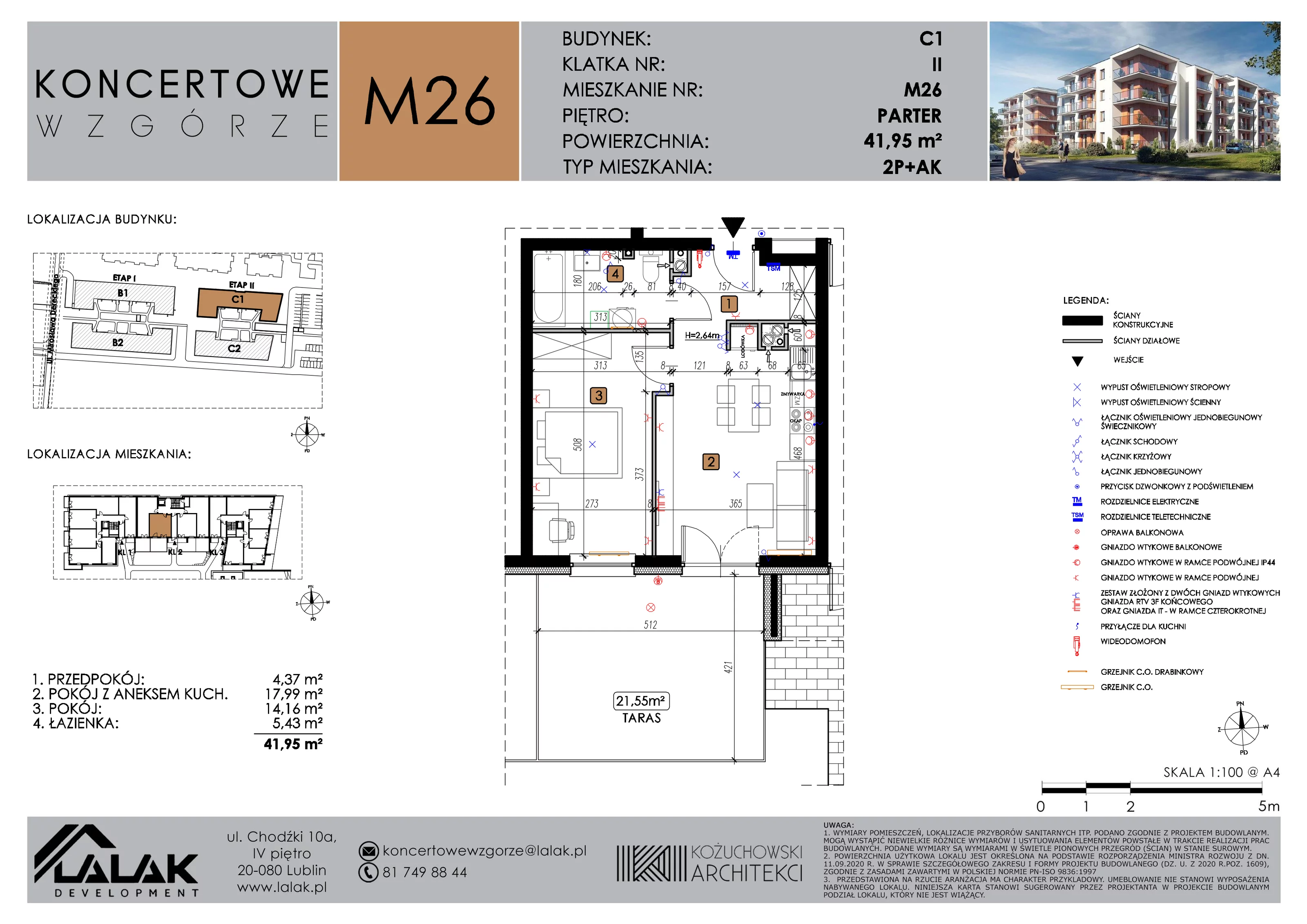 2 pokoje, mieszkanie 41,95 m², parter, oferta nr C1_M26/P, Koncertowe Wzgórze etap 2, Lublin, Czechów Północny, ul. Koncertowa