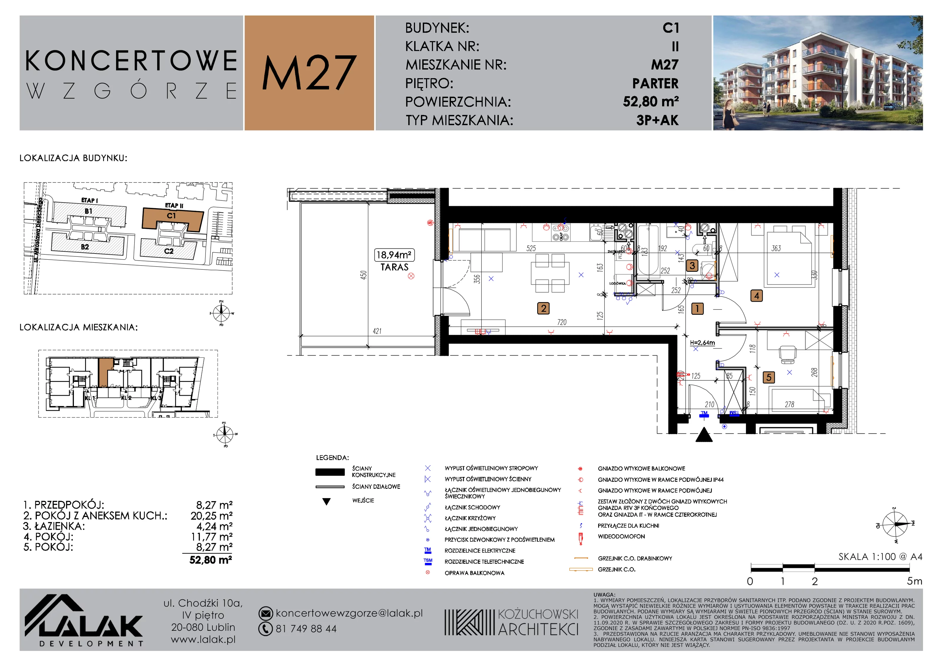 3 pokoje, mieszkanie 52,80 m², parter, oferta nr C1_M27/P, Koncertowe Wzgórze etap 2, Lublin, Czechów Północny, ul. Koncertowa
