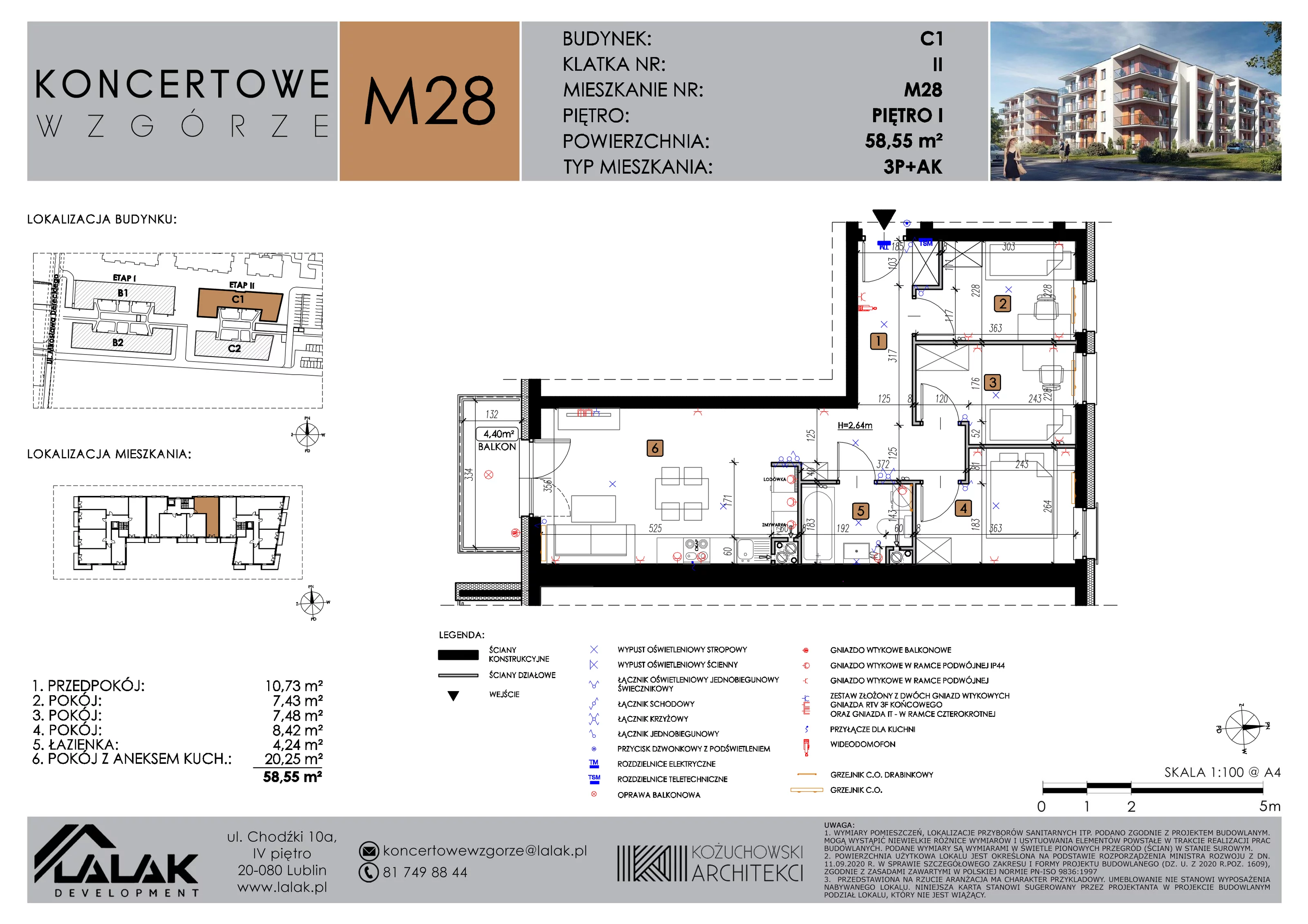 4 pokoje, mieszkanie 58,55 m², piętro 1, oferta nr C1_M28/I, Koncertowe Wzgórze etap 2, Lublin, Czechów Północny, ul. Koncertowa