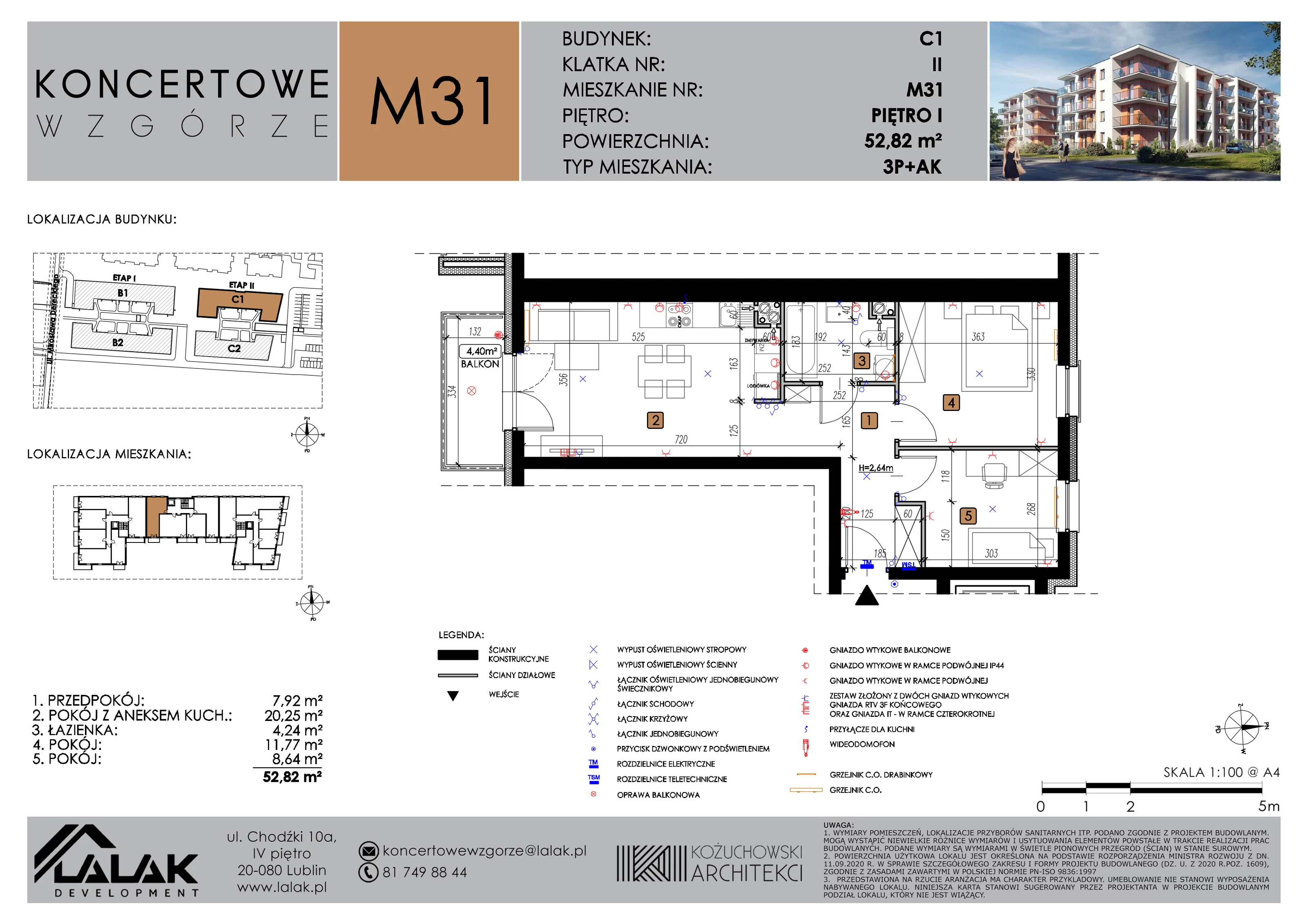 3 pokoje, mieszkanie 52,82 m², piętro 1, oferta nr C1_M31/I, Koncertowe Wzgórze etap 2, Lublin, Czechów Północny, ul. Koncertowa
