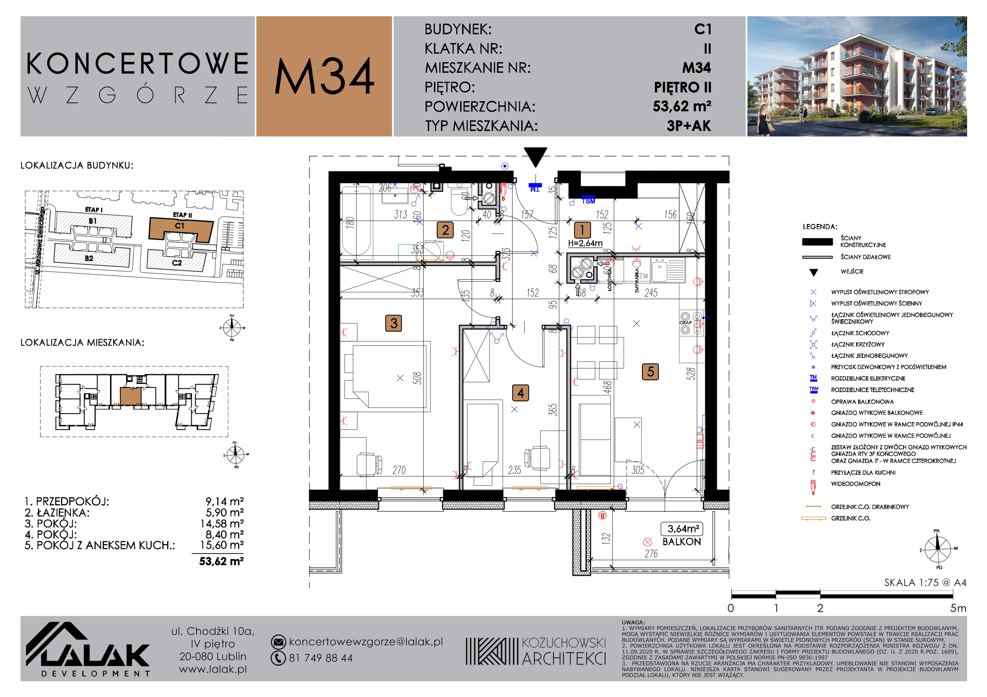 3 pokoje, mieszkanie 53,62 m², piętro 2, oferta nr C1_M34/II, Koncertowe Wzgórze etap 2, Lublin, Czechów Północny, ul. Koncertowa