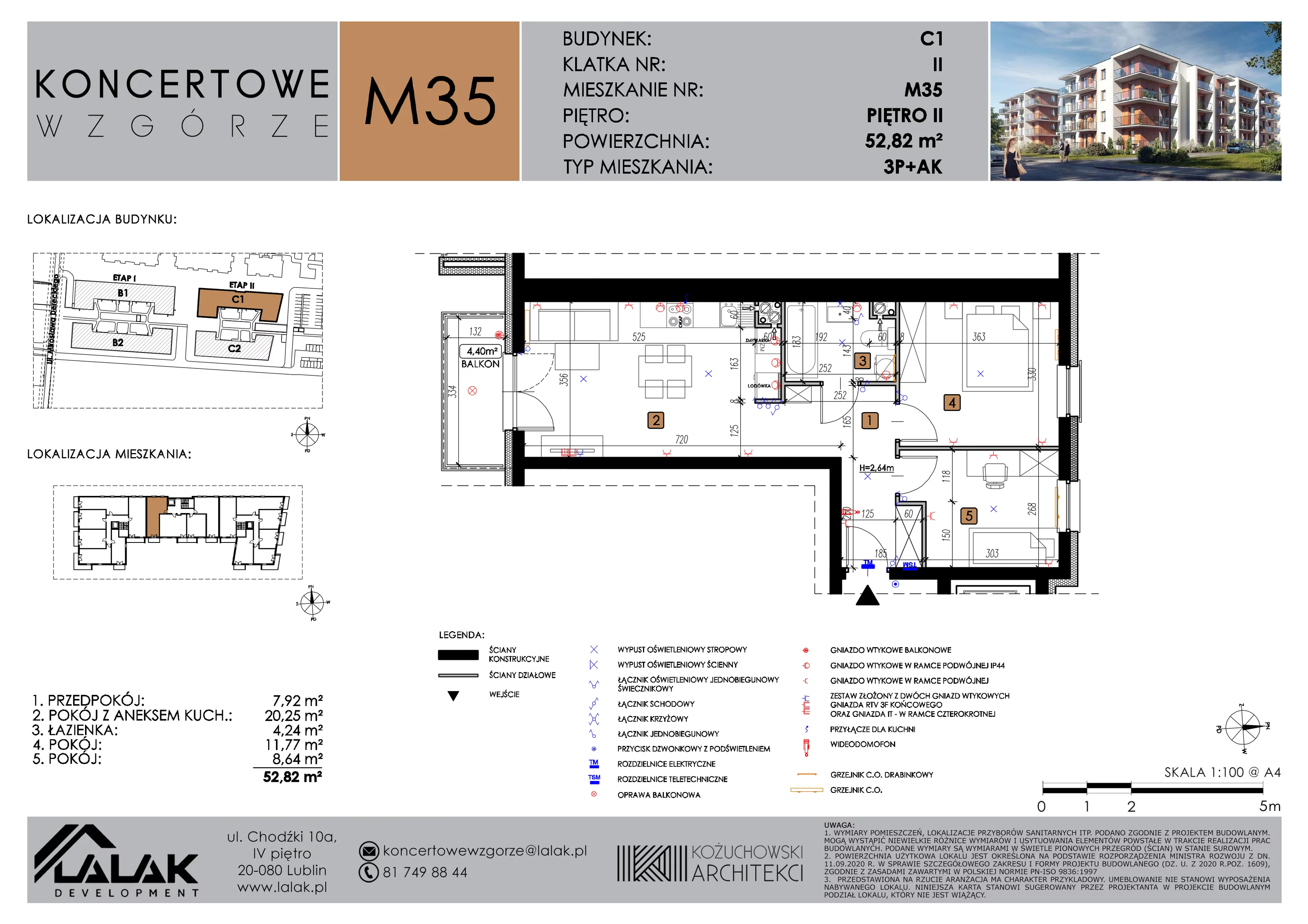 3 pokoje, mieszkanie 52,82 m², piętro 2, oferta nr C1_M35/II, Koncertowe Wzgórze etap 2, Lublin, Czechów Północny, ul. Koncertowa