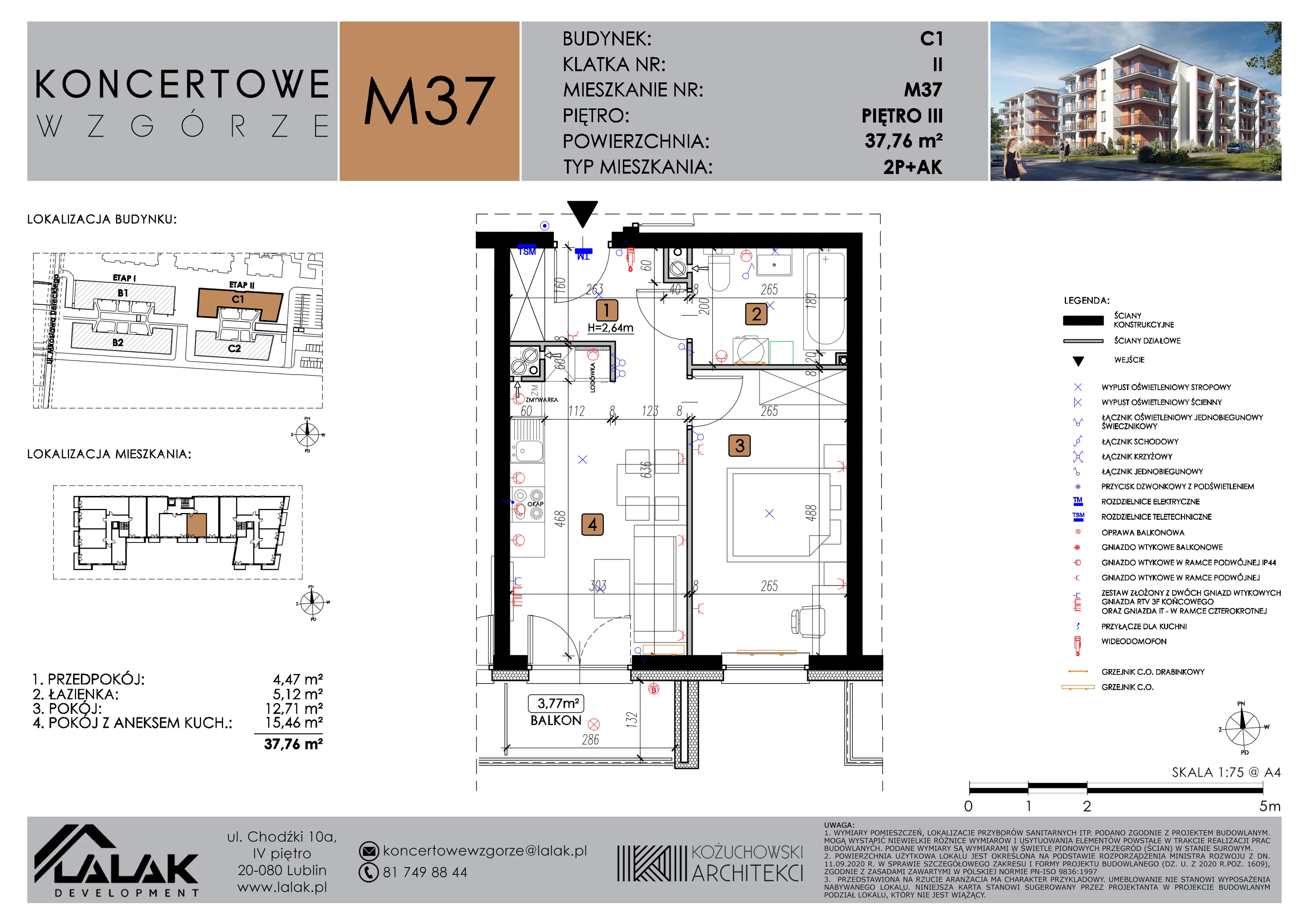 2 pokoje, mieszkanie 37,76 m², piętro 3, oferta nr C1_M37/III, Koncertowe Wzgórze etap 2, Lublin, Czechów Północny, ul. Koncertowa