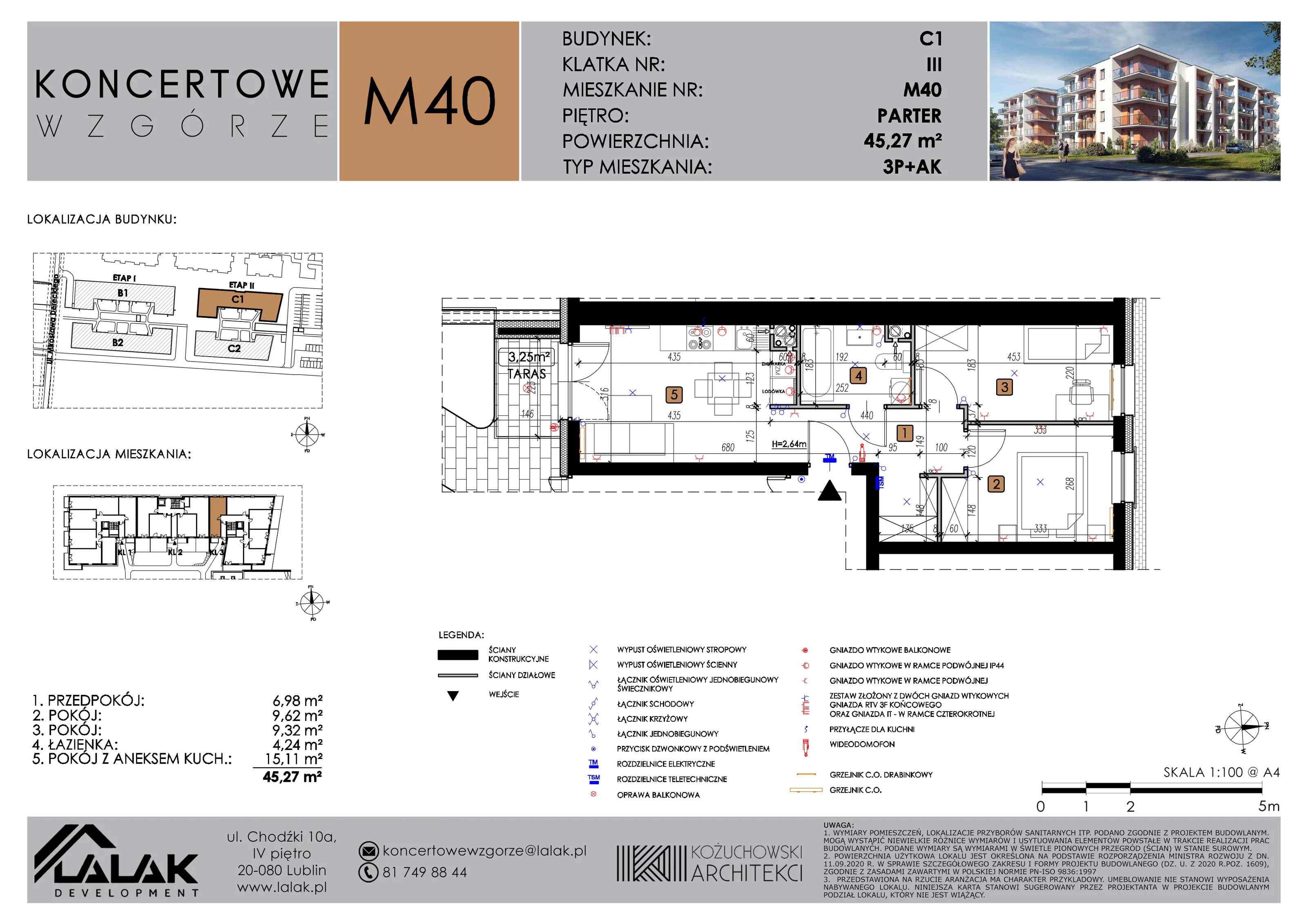 3 pokoje, mieszkanie 45,27 m², parter, oferta nr C1_M40/P, Koncertowe Wzgórze etap 2, Lublin, Czechów Północny, ul. Koncertowa
