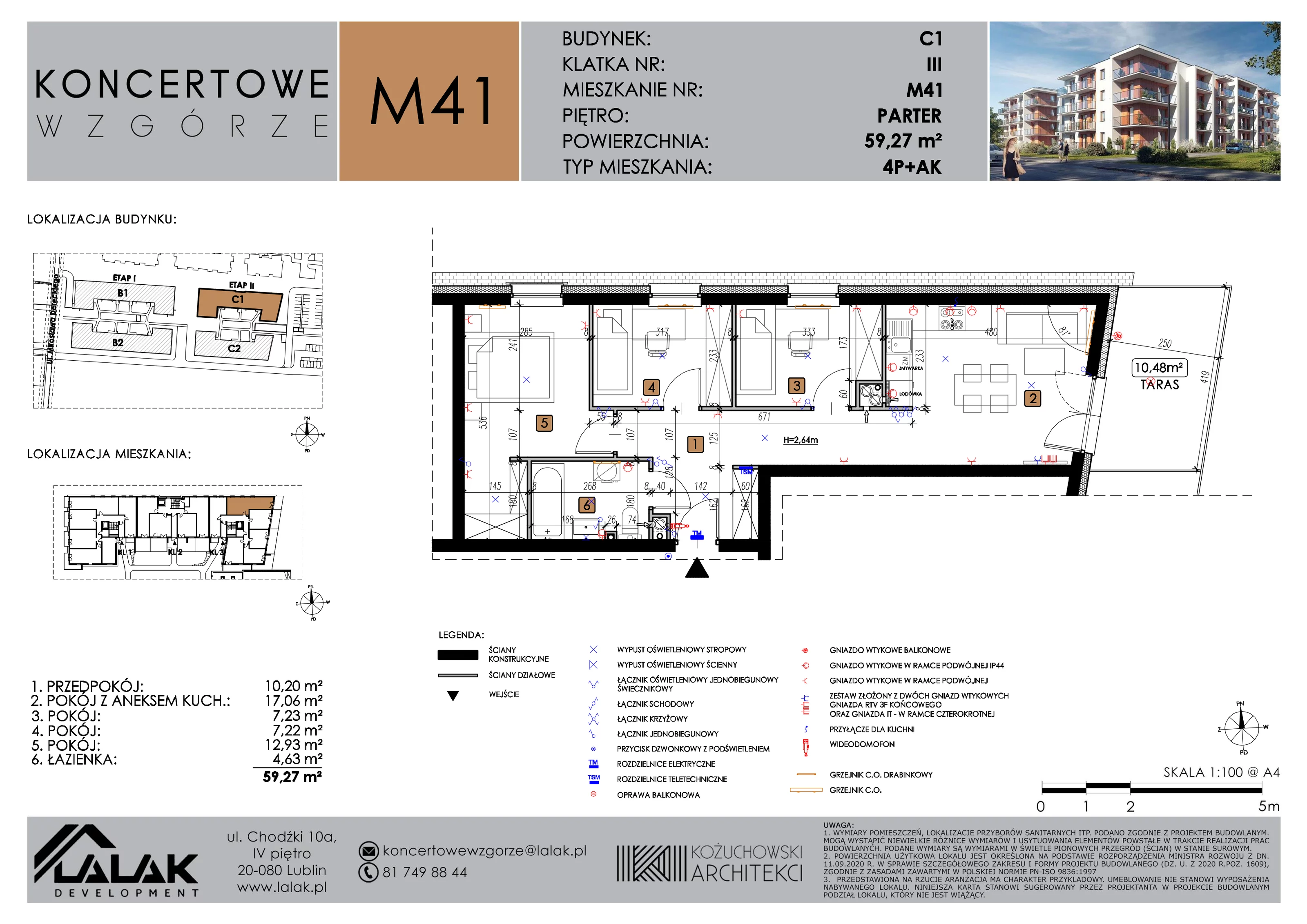 4 pokoje, mieszkanie 59,27 m², parter, oferta nr C1_M41/P, Koncertowe Wzgórze etap 2, Lublin, Czechów Północny, ul. Koncertowa
