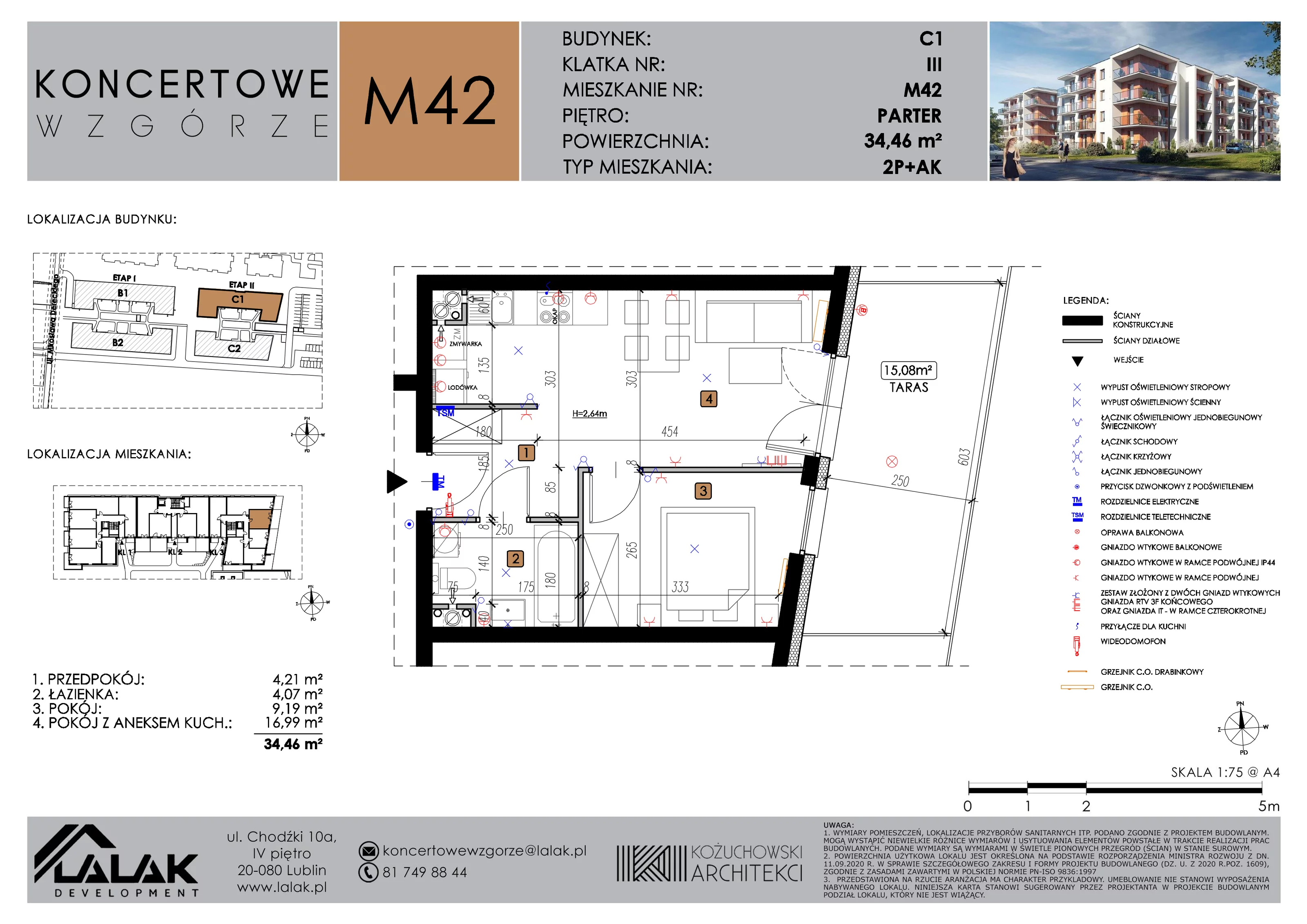 2 pokoje, mieszkanie 34,46 m², parter, oferta nr C1_M42/P, Koncertowe Wzgórze etap 2, Lublin, Czechów Północny, ul. Koncertowa