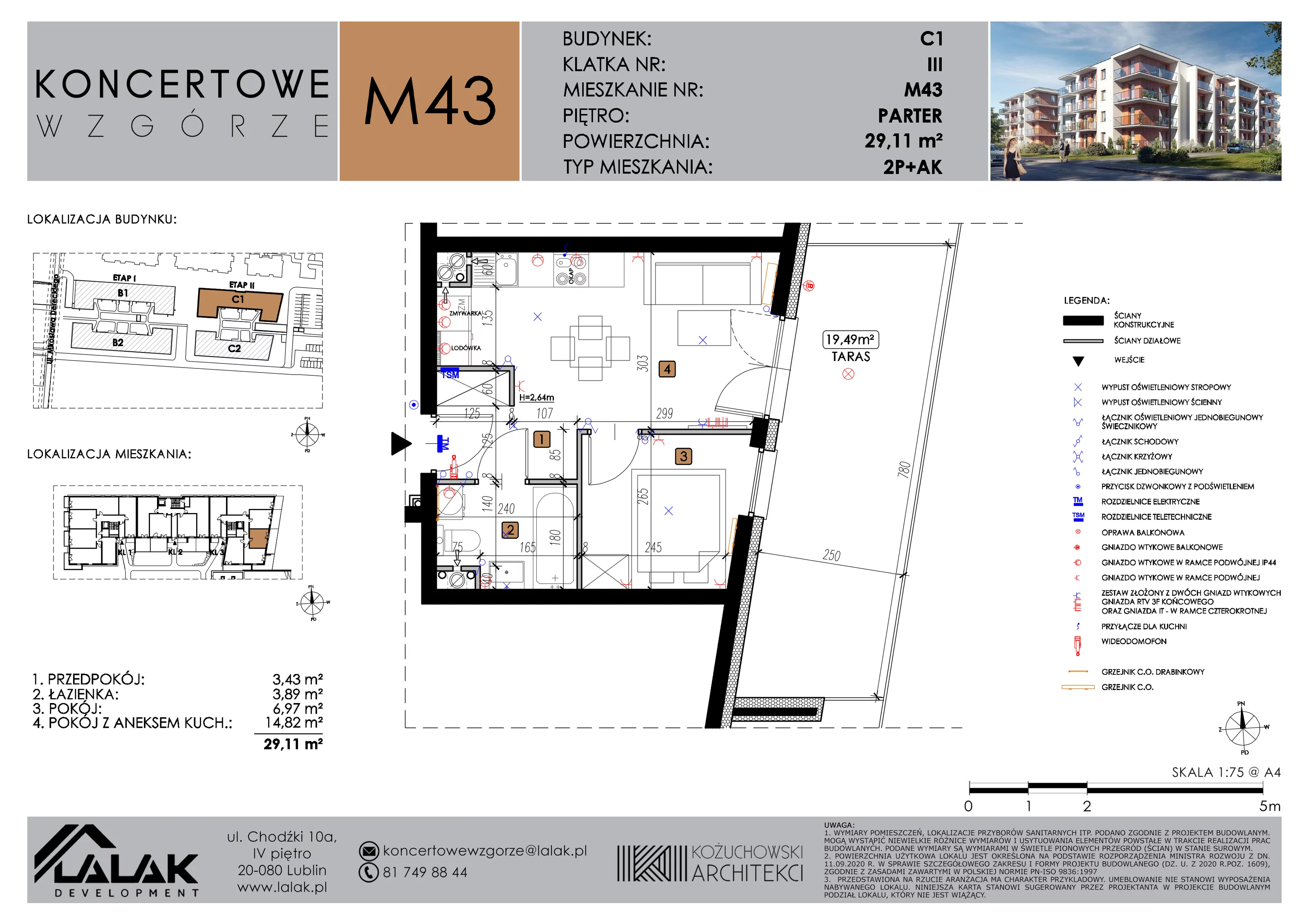 2 pokoje, mieszkanie 29,11 m², parter, oferta nr C1_M43/P, Koncertowe Wzgórze etap 2, Lublin, Czechów Północny, ul. Koncertowa