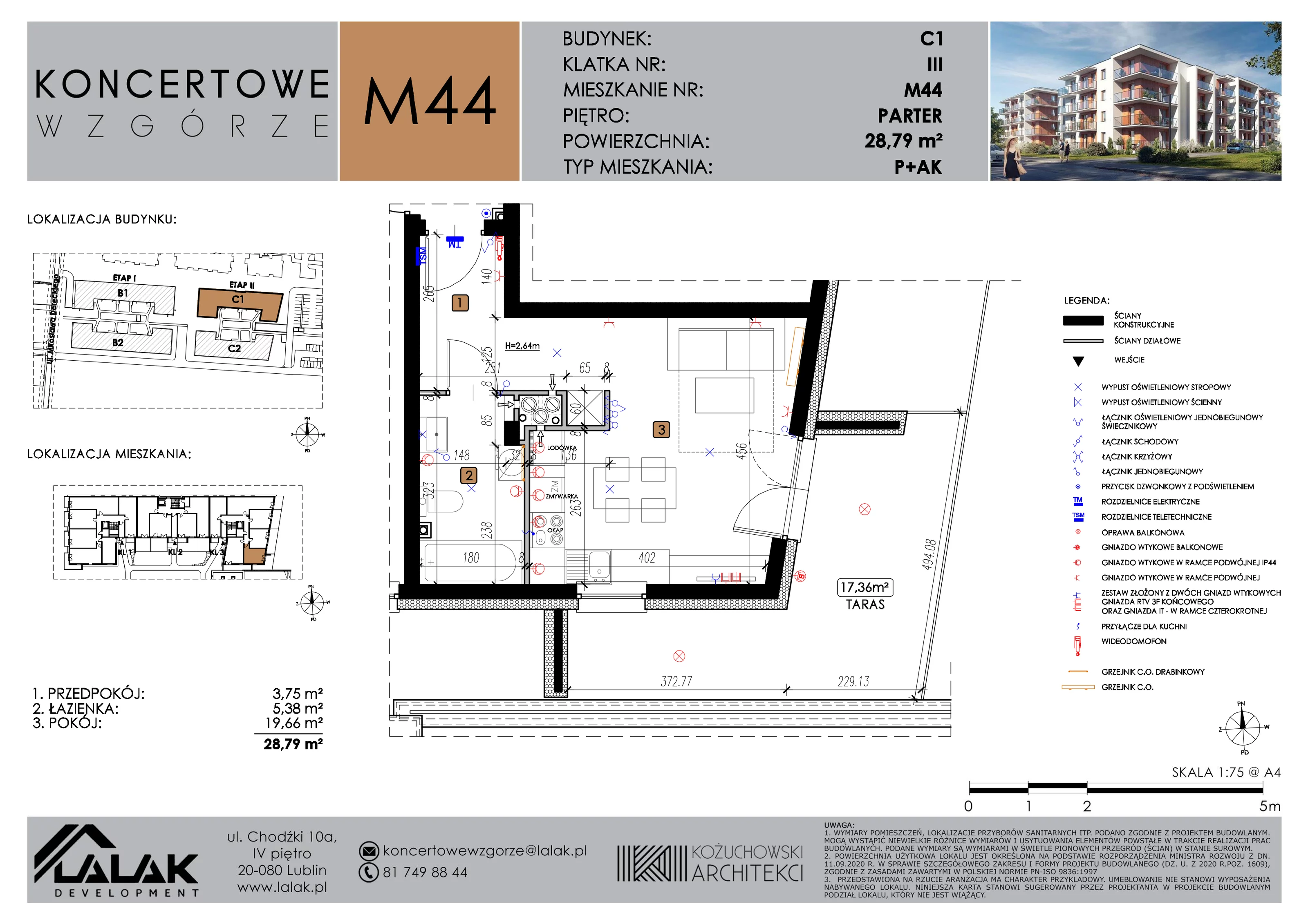 1 pokój, mieszkanie 28,79 m², parter, oferta nr C1_M44/P, Koncertowe Wzgórze etap 2, Lublin, Czechów Północny, ul. Koncertowa
