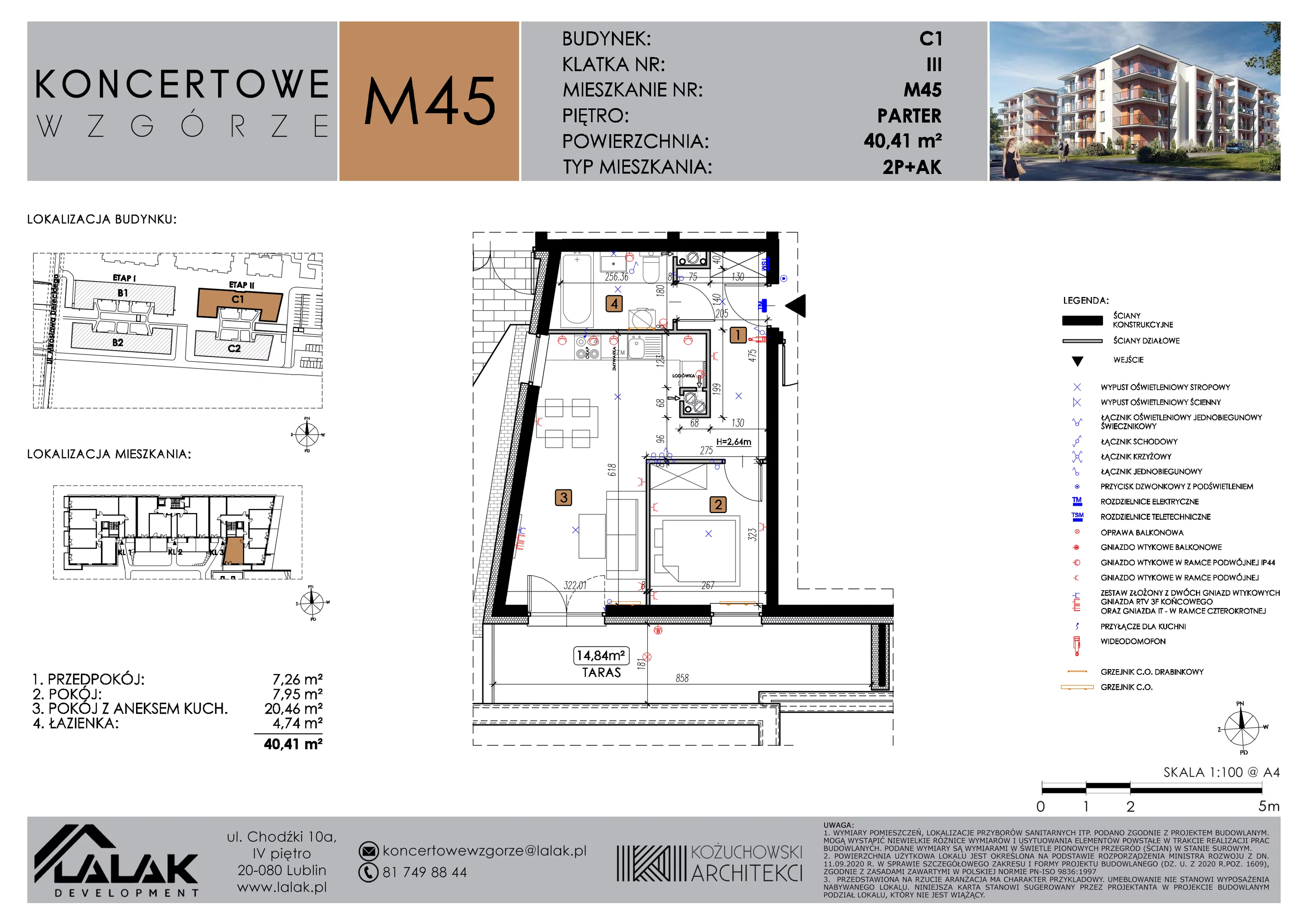 2 pokoje, mieszkanie 40,41 m², parter, oferta nr C1_M45/P, Koncertowe Wzgórze etap 2, Lublin, Czechów Północny, ul. Koncertowa