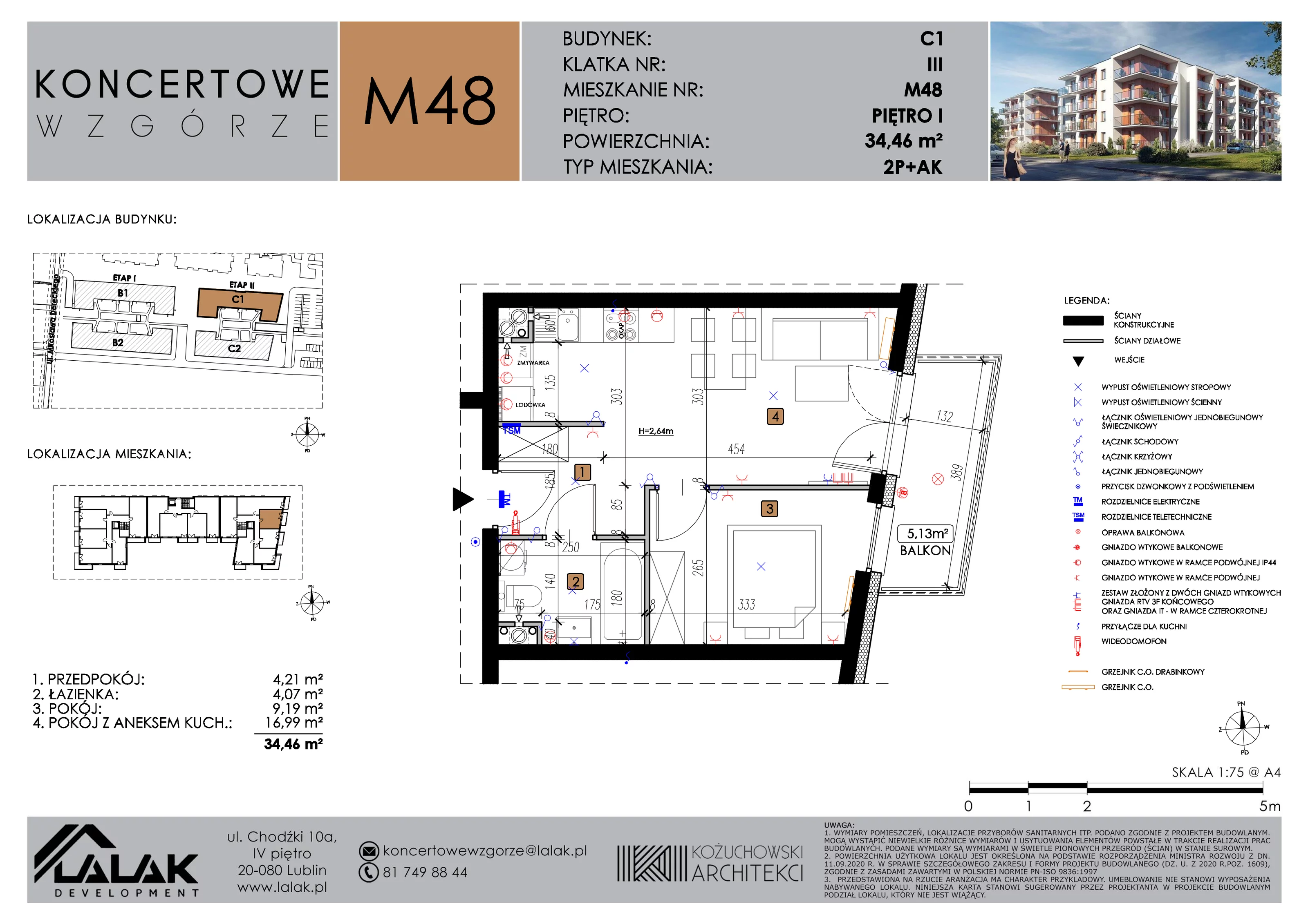 2 pokoje, mieszkanie 34,46 m², piętro 1, oferta nr C1_M48/I, Koncertowe Wzgórze etap 2, Lublin, Czechów Północny, ul. Koncertowa