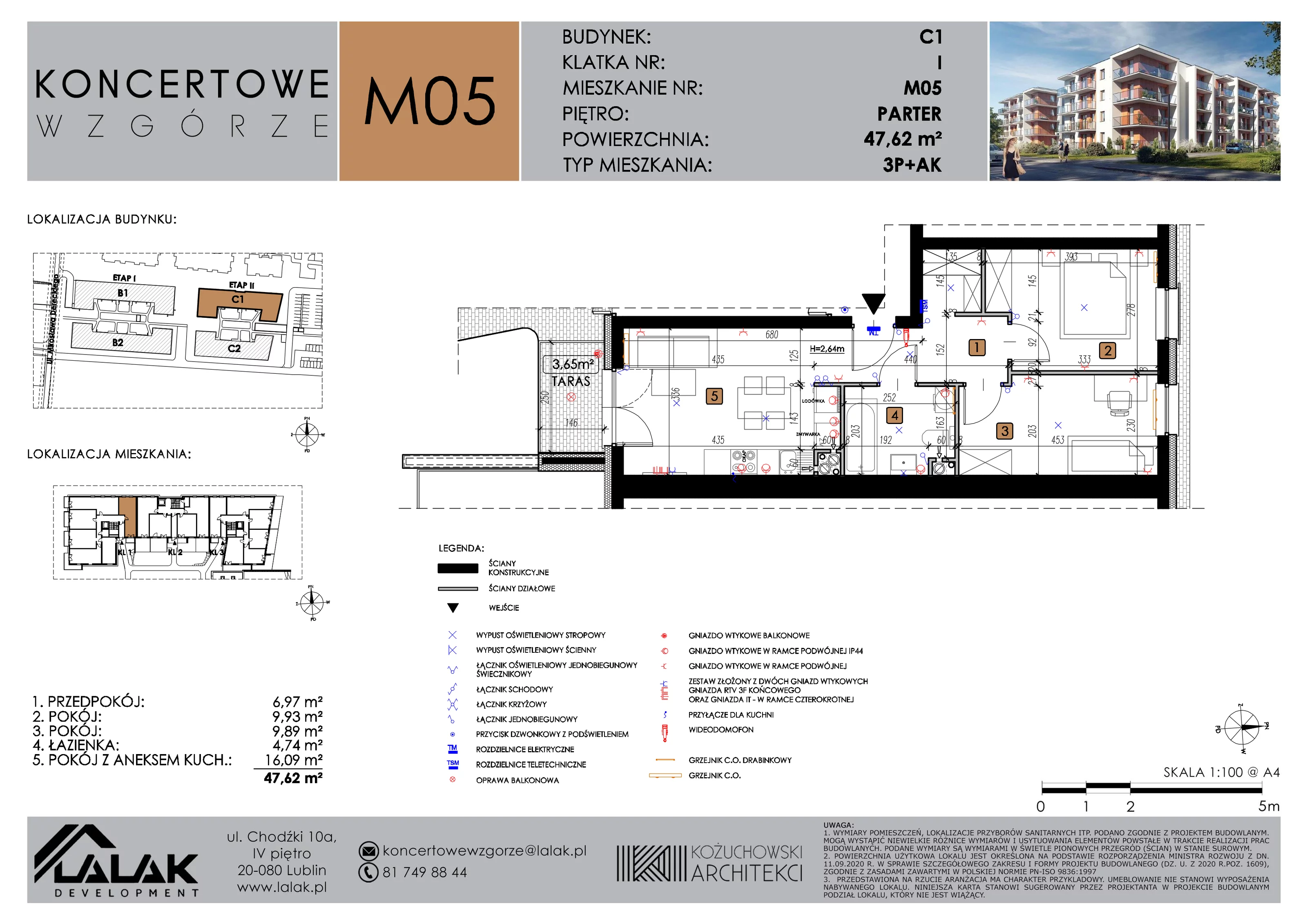 3 pokoje, mieszkanie 47,62 m², parter, oferta nr C1_M5/P, Koncertowe Wzgórze etap 2, Lublin, Czechów Północny, ul. Koncertowa