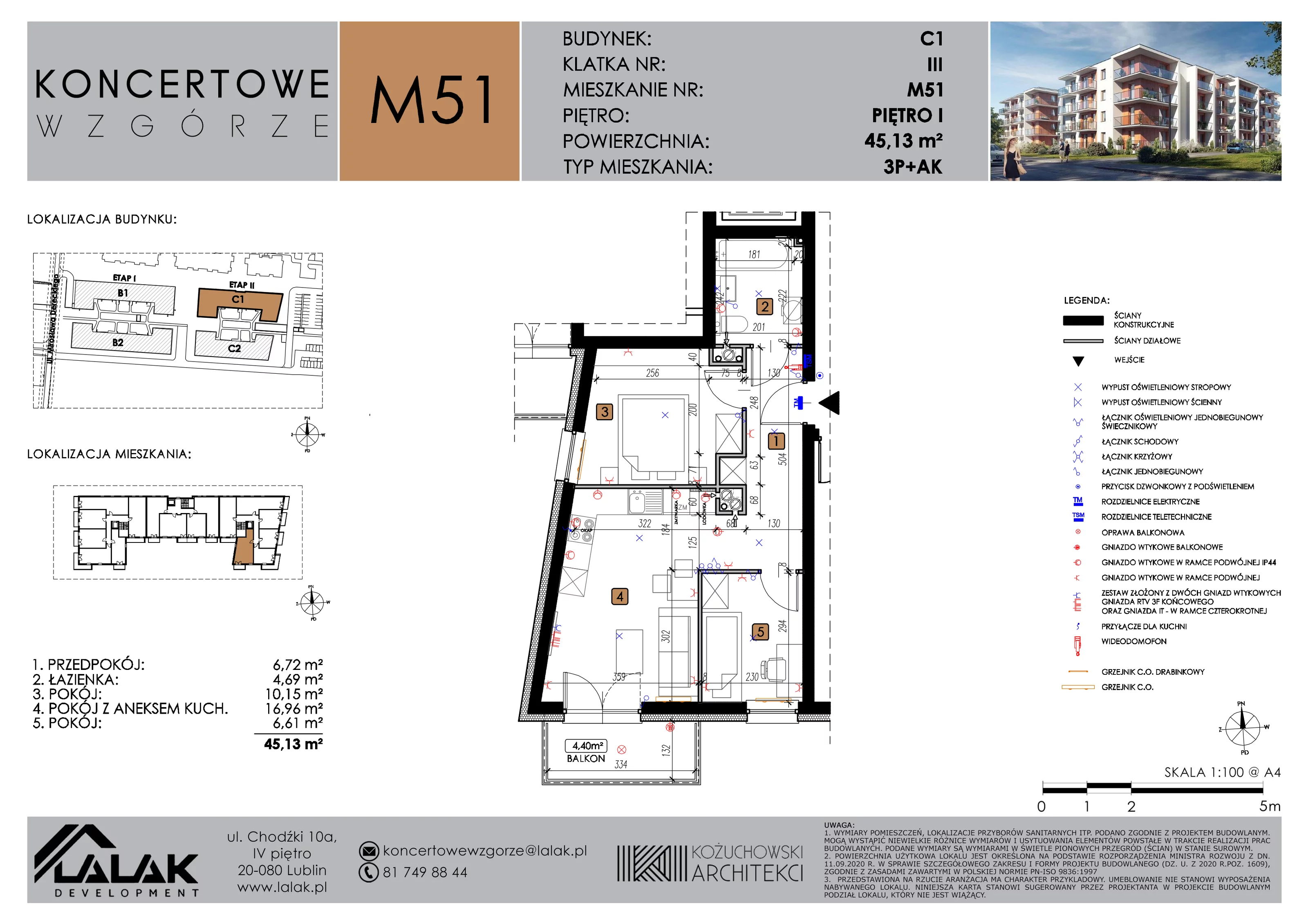 3 pokoje, mieszkanie 45,13 m², piętro 1, oferta nr C1_M51/I, Koncertowe Wzgórze etap 2, Lublin, Czechów Północny, ul. Koncertowa