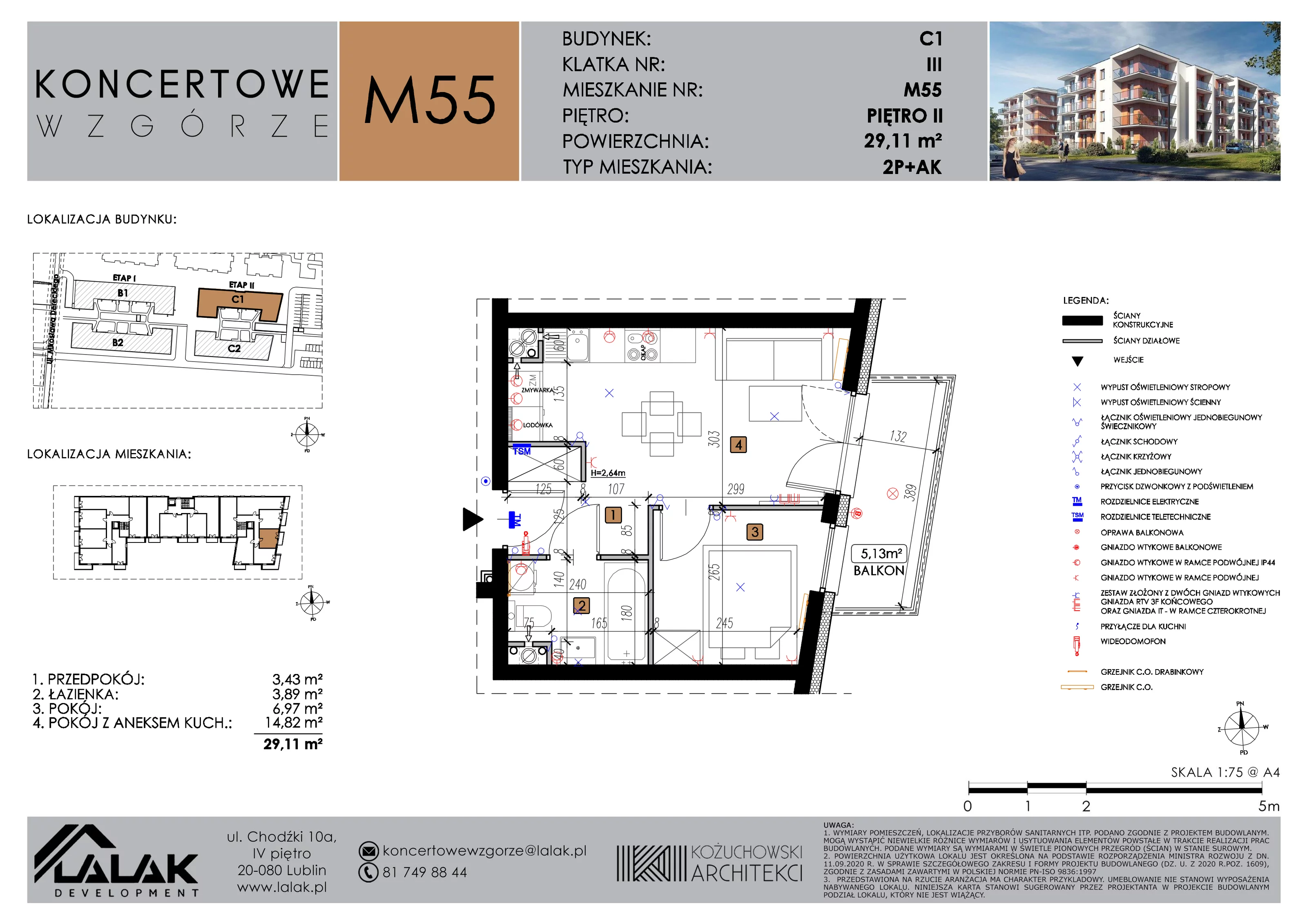 2 pokoje, mieszkanie 29,11 m², piętro 2, oferta nr C1_M55/II, Koncertowe Wzgórze etap 2, Lublin, Czechów Północny, ul. Koncertowa