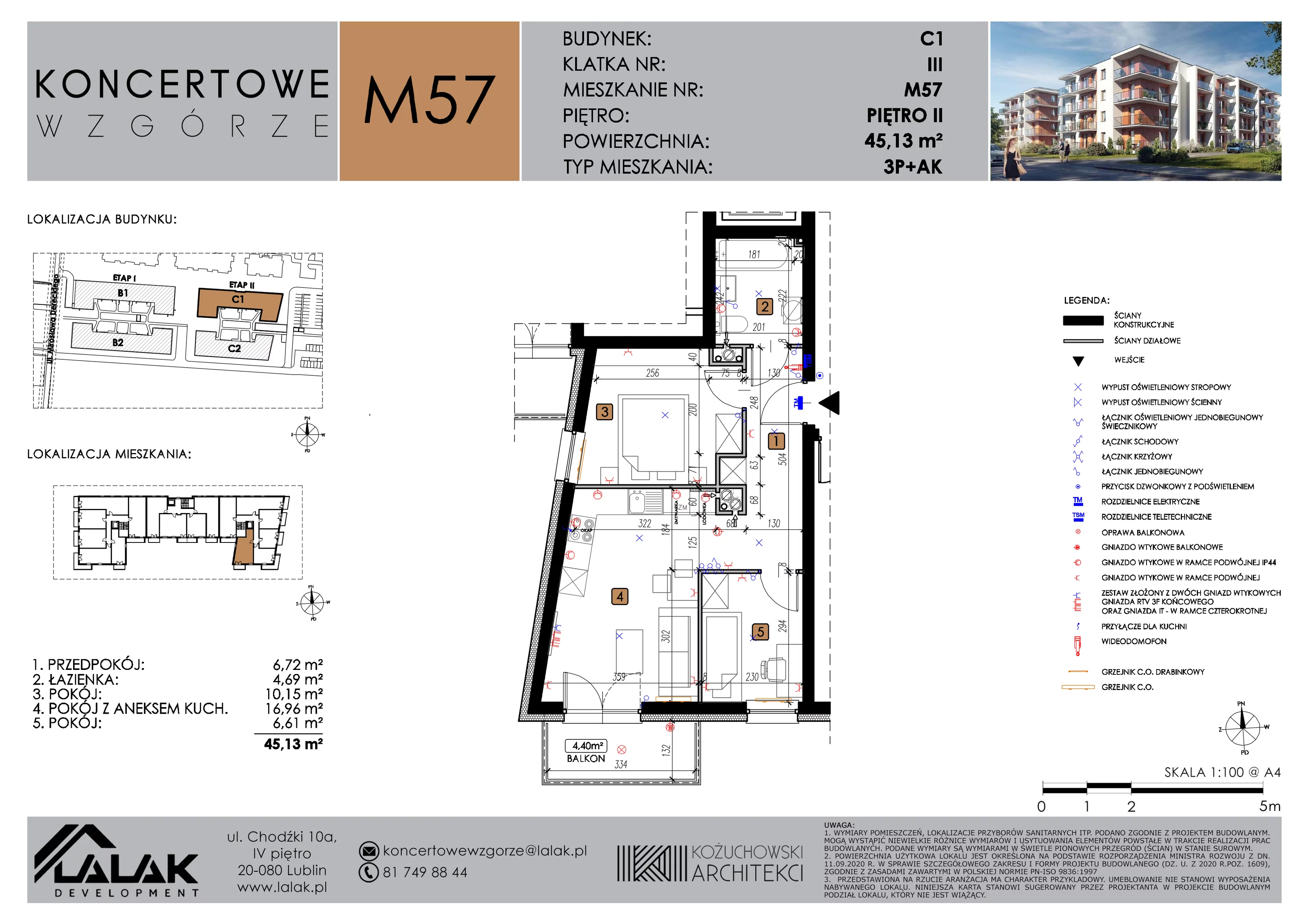 3 pokoje, mieszkanie 45,13 m², piętro 2, oferta nr C1_M57/II, Koncertowe Wzgórze etap 2, Lublin, Czechów Północny, ul. Koncertowa