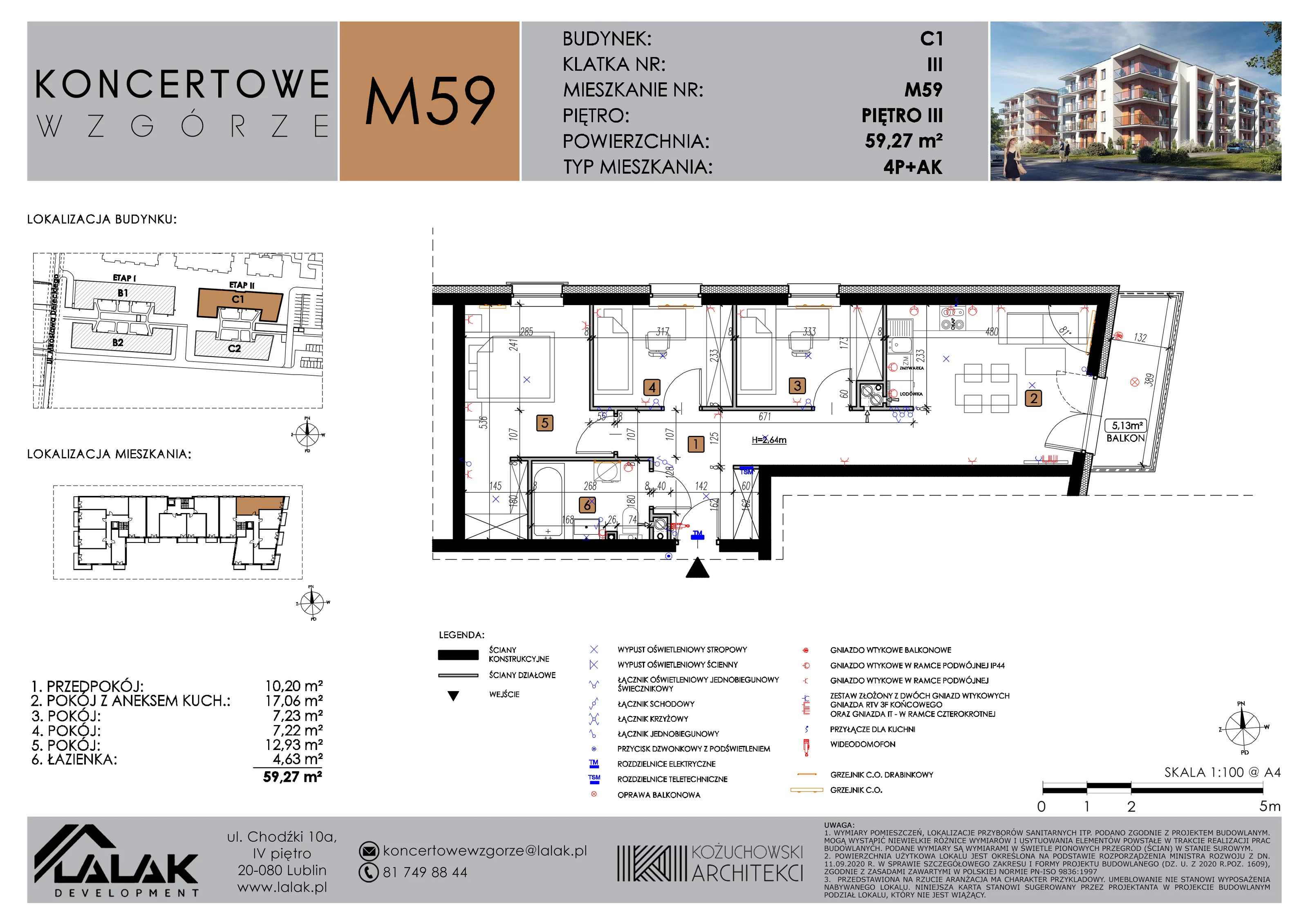 4 pokoje, mieszkanie 59,27 m², piętro 3, oferta nr C1_M59/III, Koncertowe Wzgórze etap 2, Lublin, Czechów Północny, ul. Koncertowa