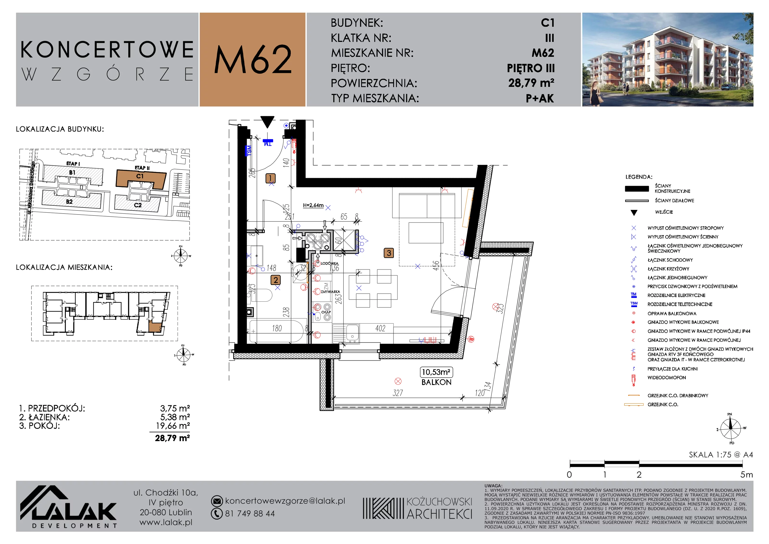 1 pokój, mieszkanie 28,79 m², piętro 3, oferta nr C1_M62/III, Koncertowe Wzgórze etap 2, Lublin, Czechów Północny, ul. Koncertowa