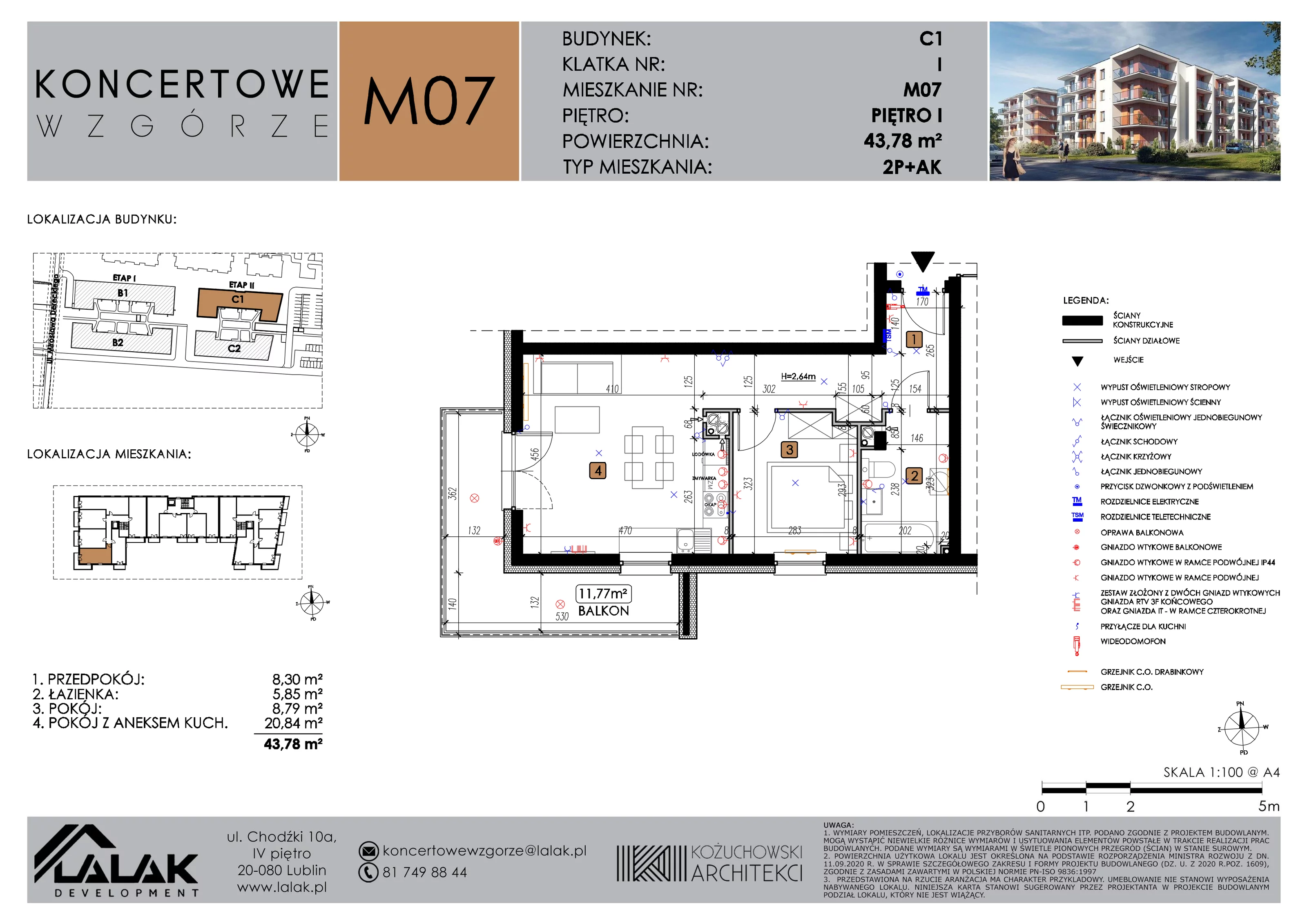 2 pokoje, mieszkanie 43,78 m², piętro 1, oferta nr C1_M7/I, Koncertowe Wzgórze etap 2, Lublin, Czechów Północny, ul. Koncertowa