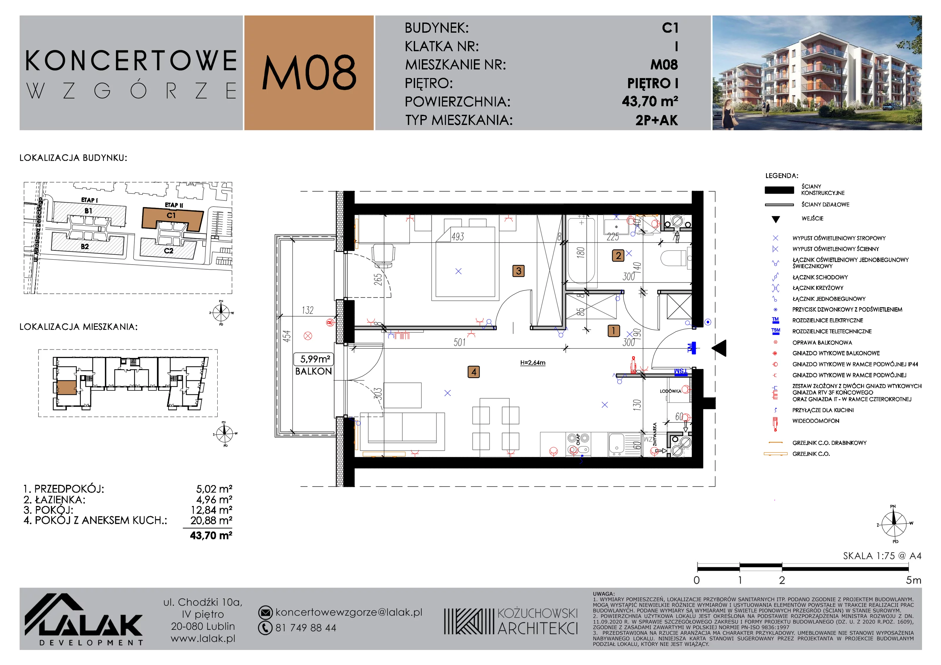 2 pokoje, mieszkanie 43,70 m², piętro 1, oferta nr C1_M8/I, Koncertowe Wzgórze etap 2, Lublin, Czechów Północny, ul. Koncertowa
